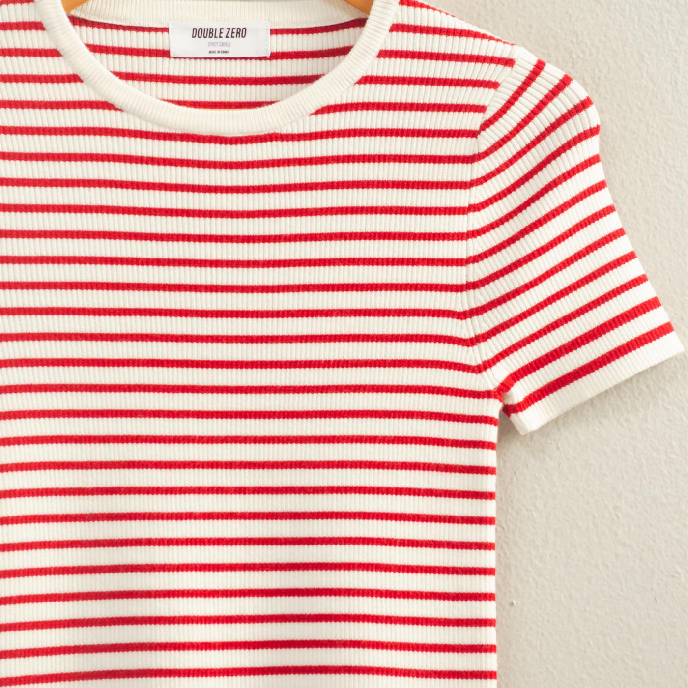 Wholesale Striped Ribbed Short Sleeve Crew Neck Knit Top Clothing Tops DZ26A450 RED DOUBLE ZERO