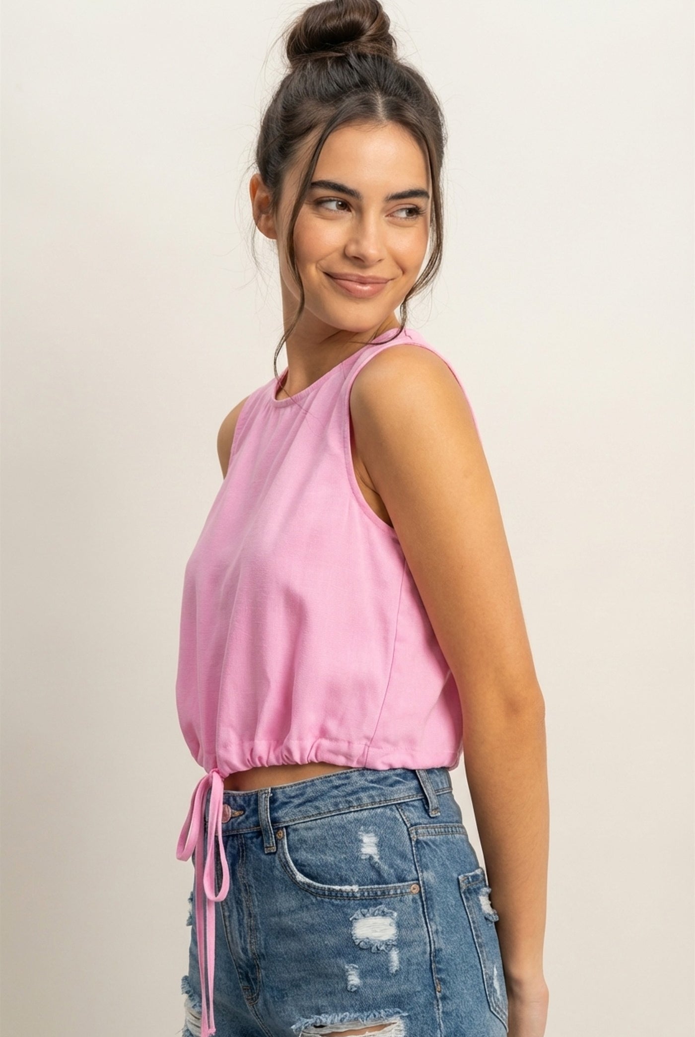 Wholesale Sand Washed Sleeveless Crop Top Clothing Tops DZ25C515 PINK DOUBLE ZERO