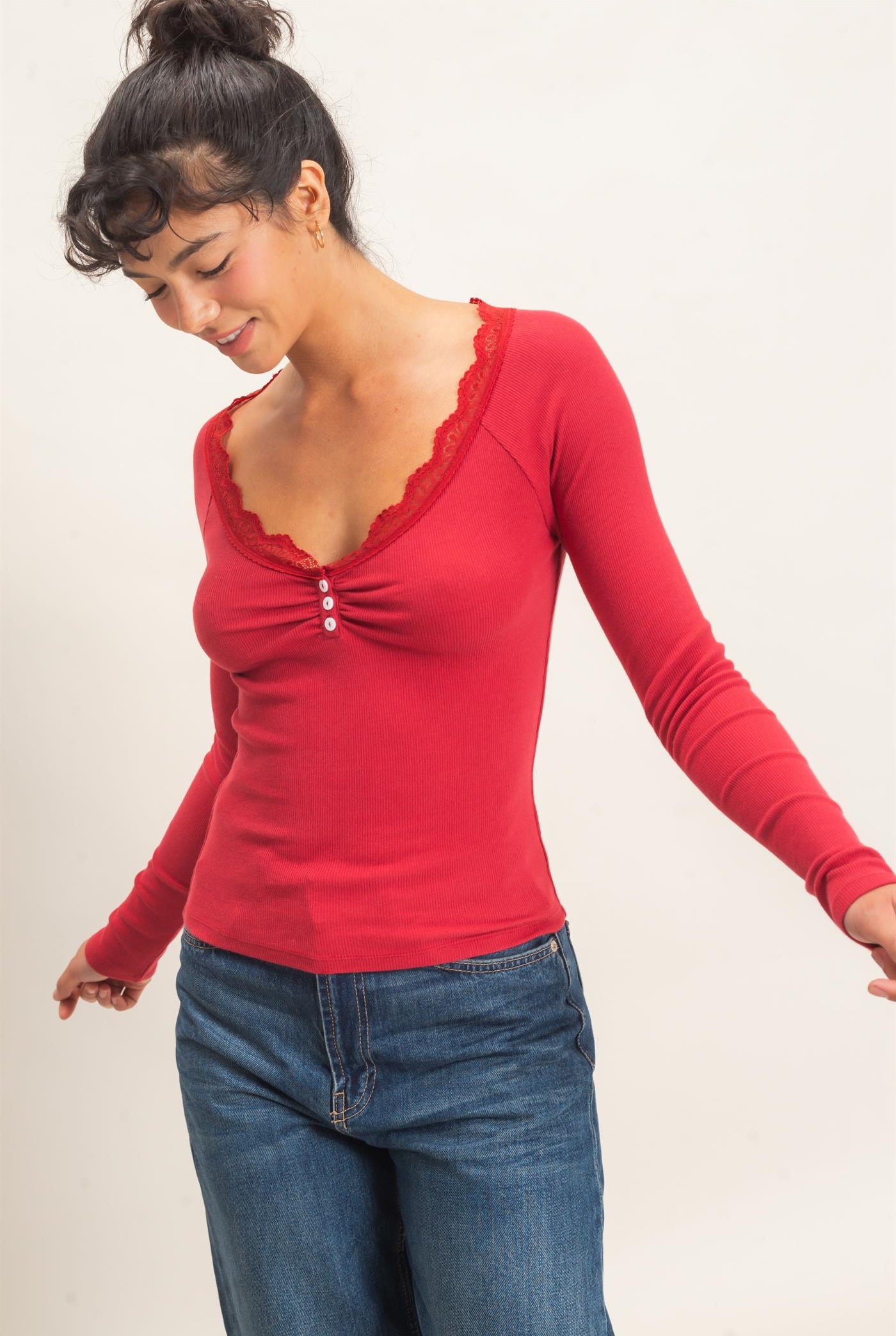Wholesale Lace-Trim Henley Top Clothing Tops DZ26E325 DARK RED DOUBLE ZERO