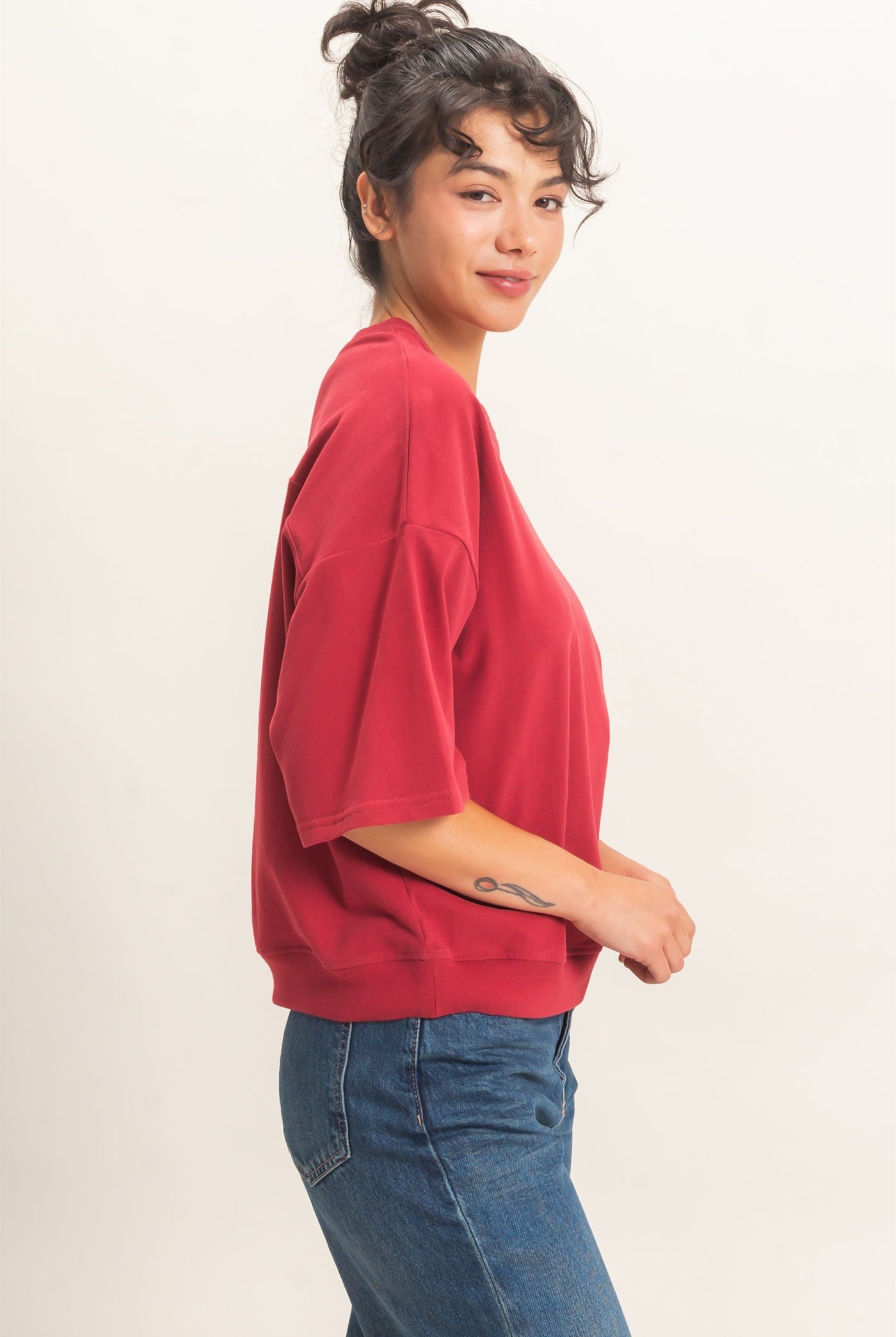 Wholesale Washed Crew Neck Short Sleeve Top Clothing Tops DZ26E381 DARK RED DOUBLE ZERO