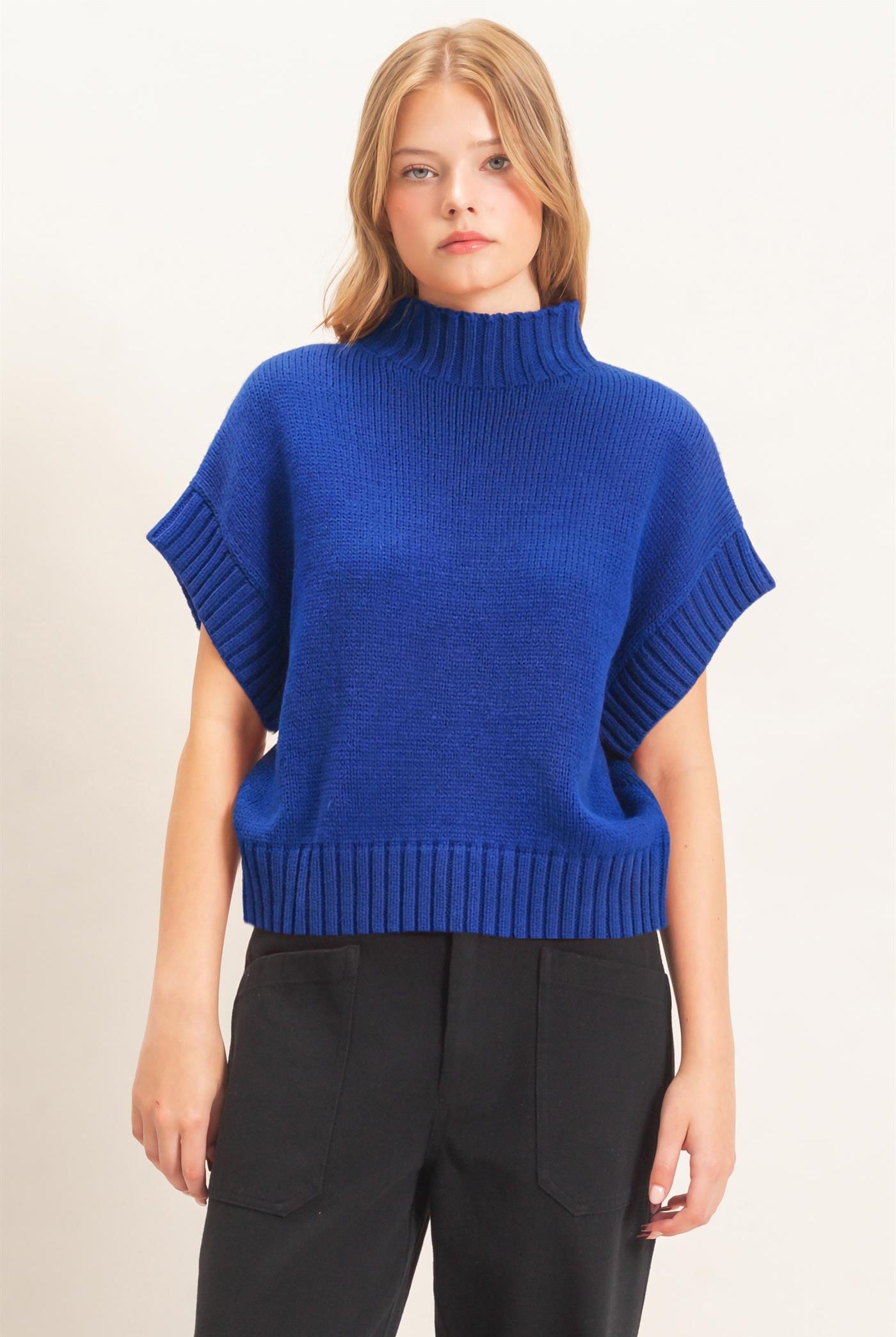 Wholesale Ribbed Mock Neck Sweater Vest Sweaters HF26F186-D ROYAL BLUE HYFVE