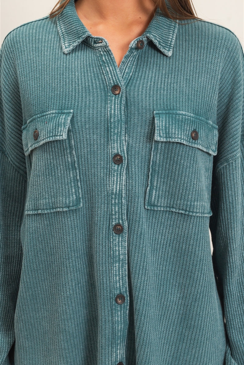 Wholesale Mineral Wash Waffle Knit Button-Up Shacket Coats & Jackets DZ26E249 DARK TEAL DOUBLE ZERO