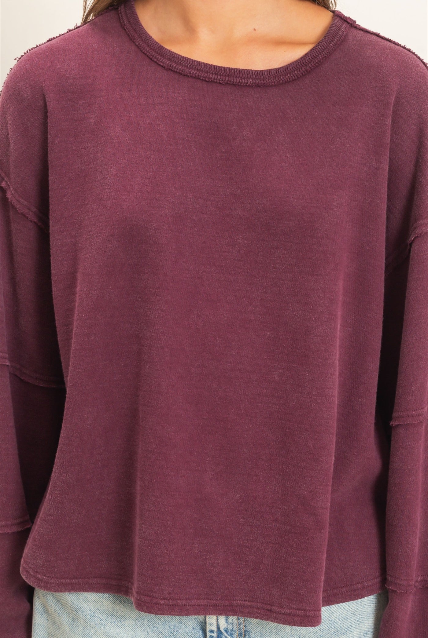 Wholesale Mineral Wash Overzised Raw Edge Crew Neck Top Clothing Tops DZ26E449 DARK CHERRY DOUBLE ZERO