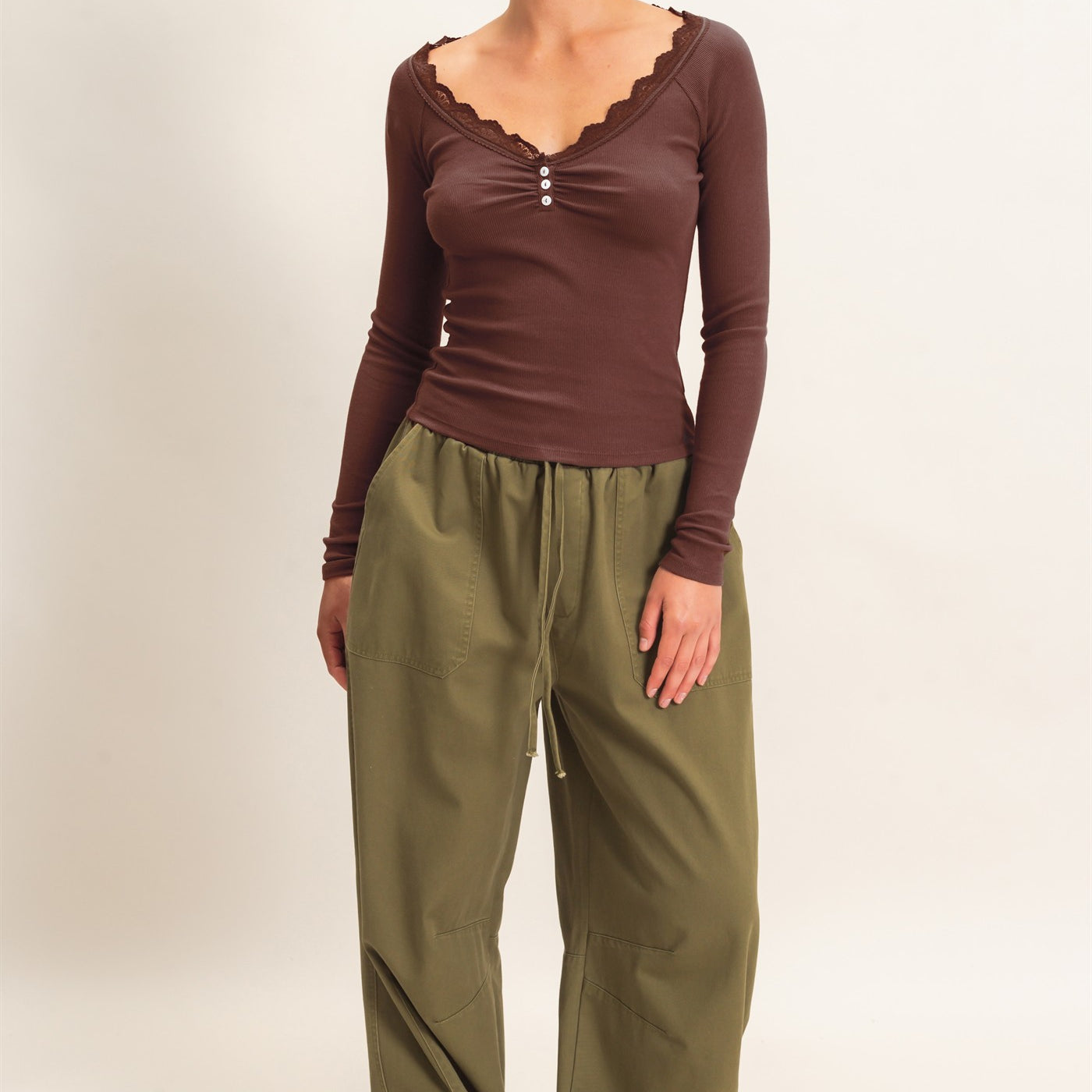 Wholesale Lace-Trim Henley Top Clothing Tops DZ26E325 DARK BROWN DOUBLE ZERO