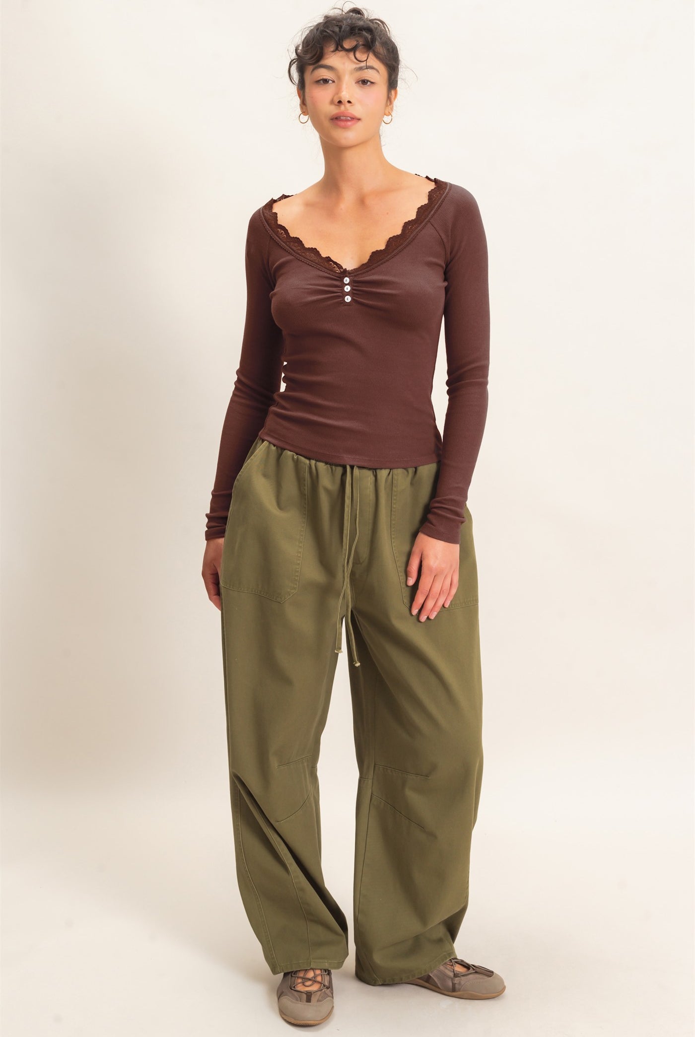 Wholesale Lace-Trim Henley Top Clothing Tops DZ26E325 DARK BROWN DOUBLE ZERO