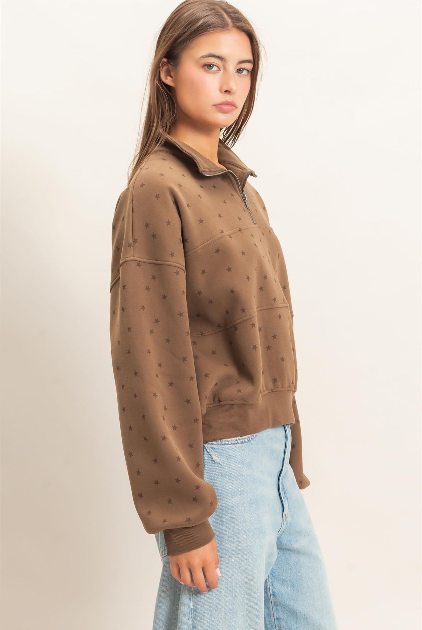 Wholesale Star Print Half Zip Sweatshirt Sweatshirts DZ26E245 MOCHA DOUBLE ZERO
