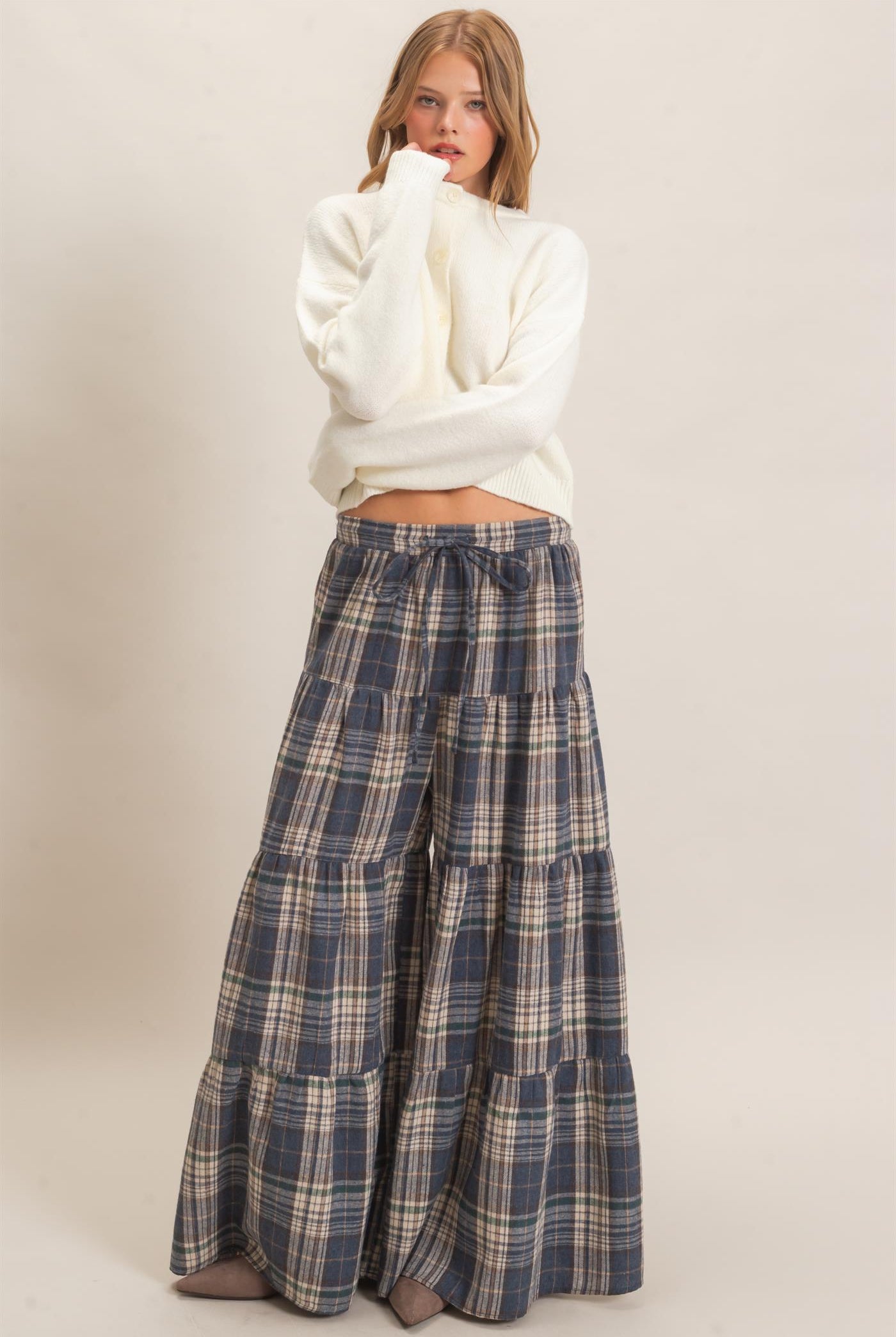 Wholesale Tiered Plaid Wide-Leg Pants Pants HF26E042 BLUE HYFVE