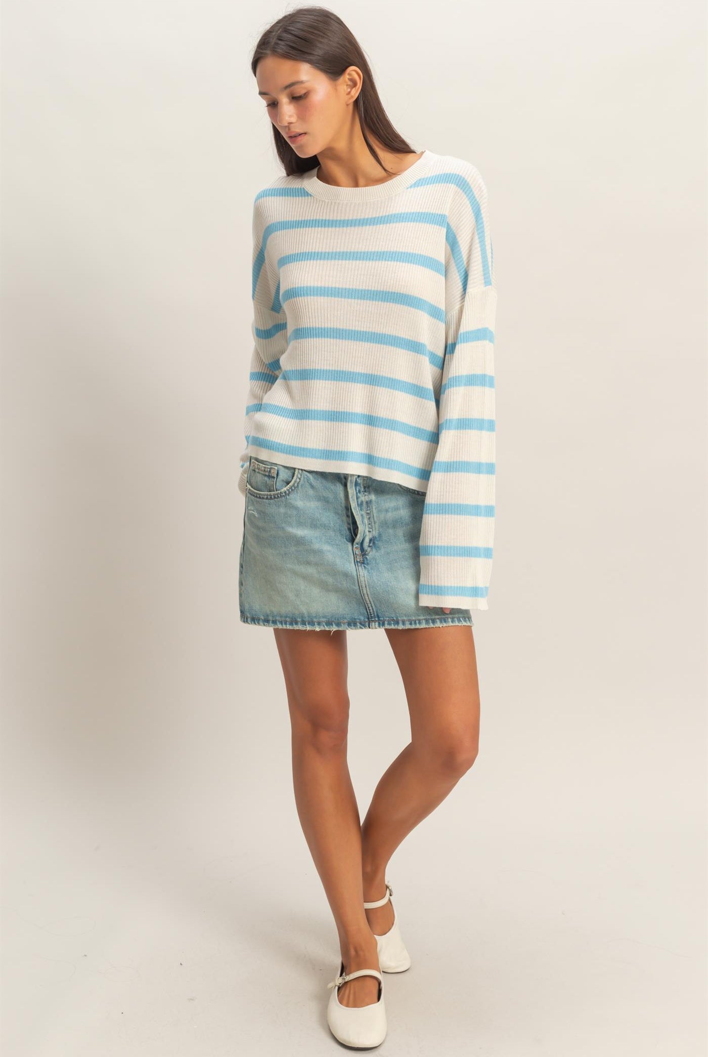 Wholesale Lightweight Wide-Sleeve Striped Sweater Clothing Tops DZ26A329 BLACK DOUBLE ZERO