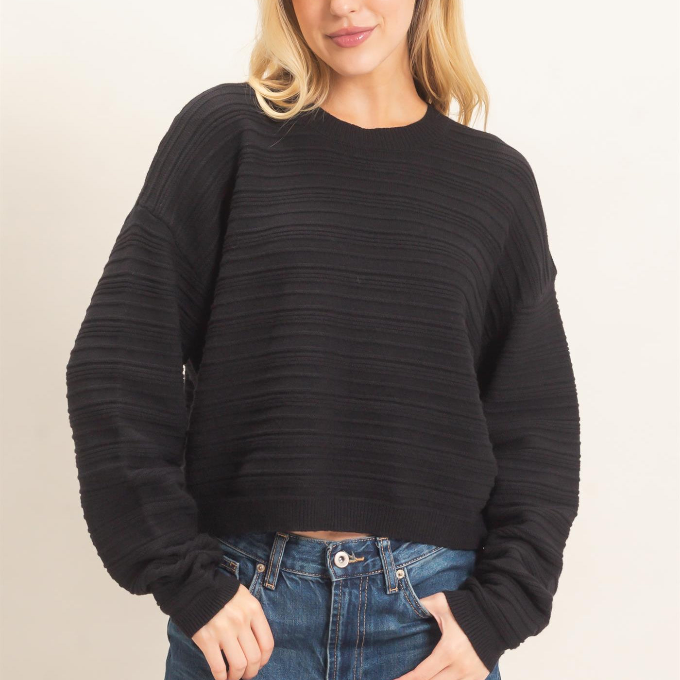 Wholesale Textured Crew Neck Sweater Sweaters HF26F196 BLACK HYFVE