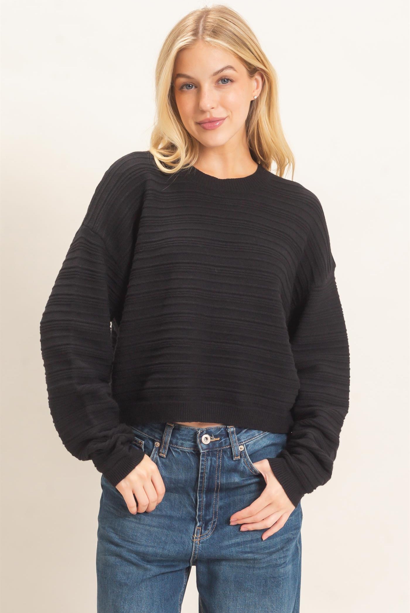 Wholesale Textured Crew Neck Sweater Sweaters HF26F196 BLACK HYFVE