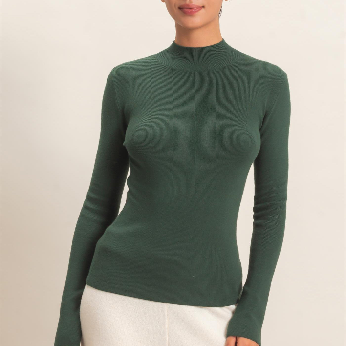 Wholesale Ribbed Mock Neck Long Sleeve Knit Top Clothing Tops DZ26F201 DARK GREEN DOUBLE ZERO