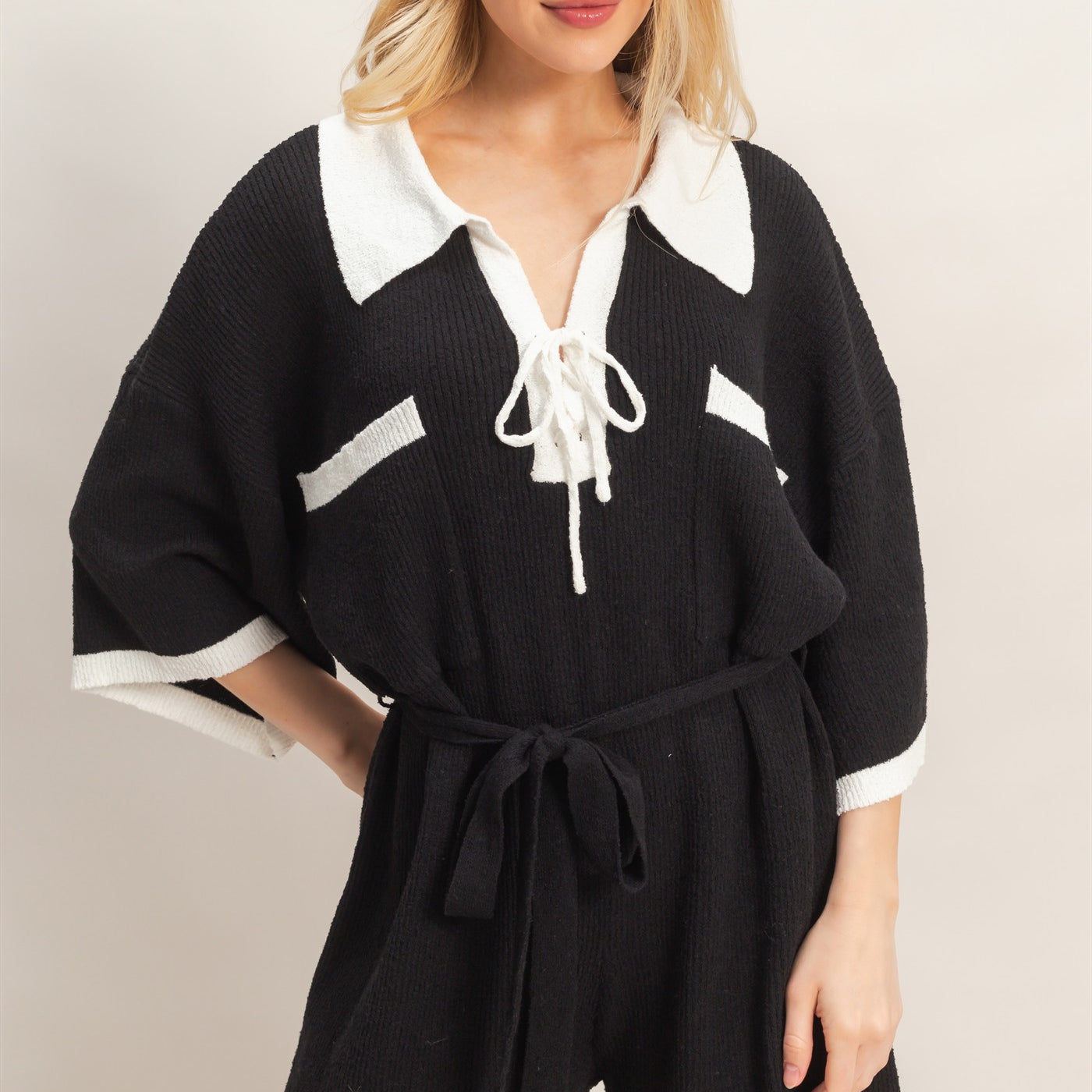 Wholesale Knit Romper With Contrast Tie Clothing HF26A408 BLACK HYFVE
