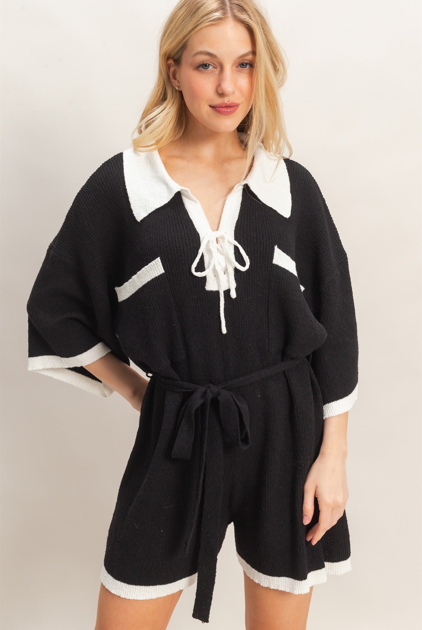 Wholesale Knit Romper With Contrast Tie Clothing HF26A408 BLACK HYFVE