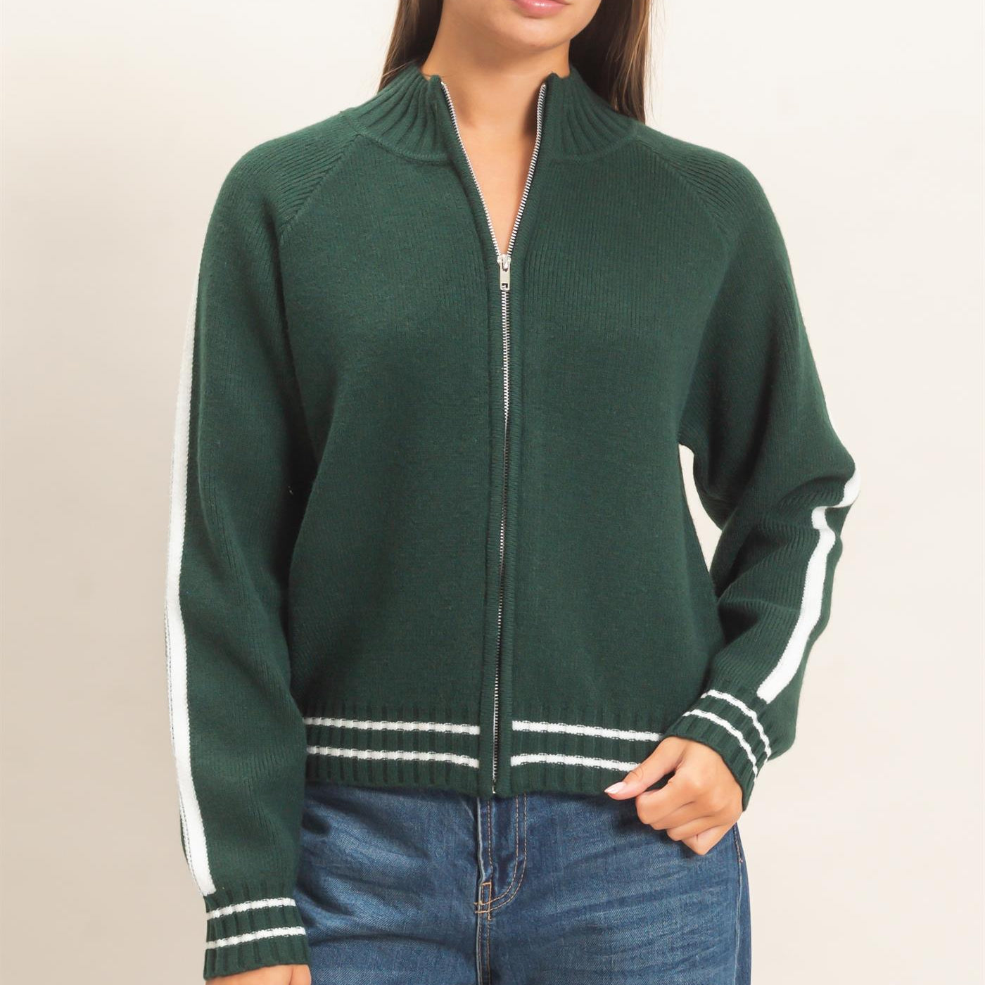 Wholesale Contrast Stripe Zip-Up Sweater Sweaters DZ26E861 DARK GREEN DOUBLE ZERO