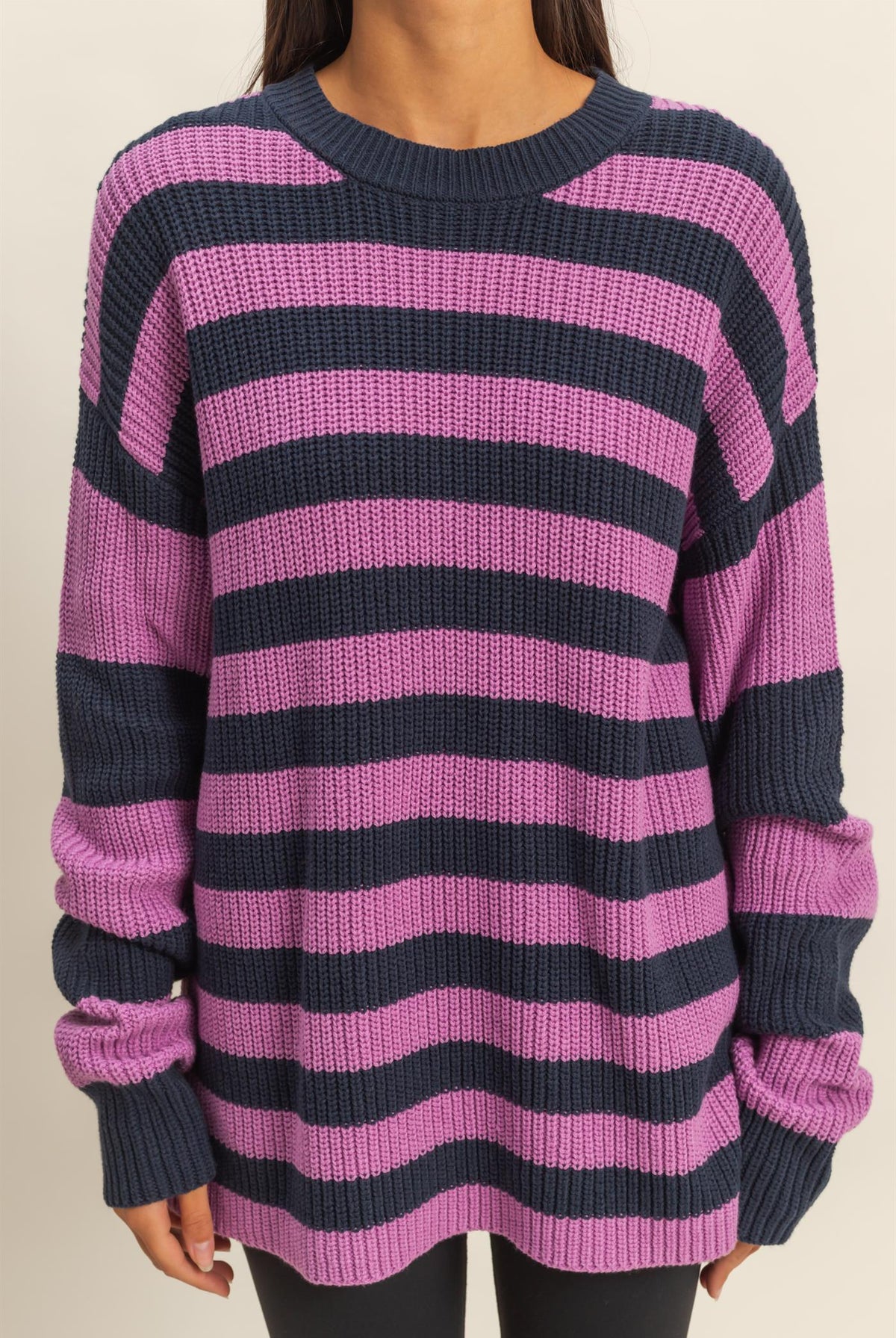 Wholesale Striped Long Sleeve Sweater Clothing Tops DZ23F071 NAVY / PURPLE DOUBLE ZERO