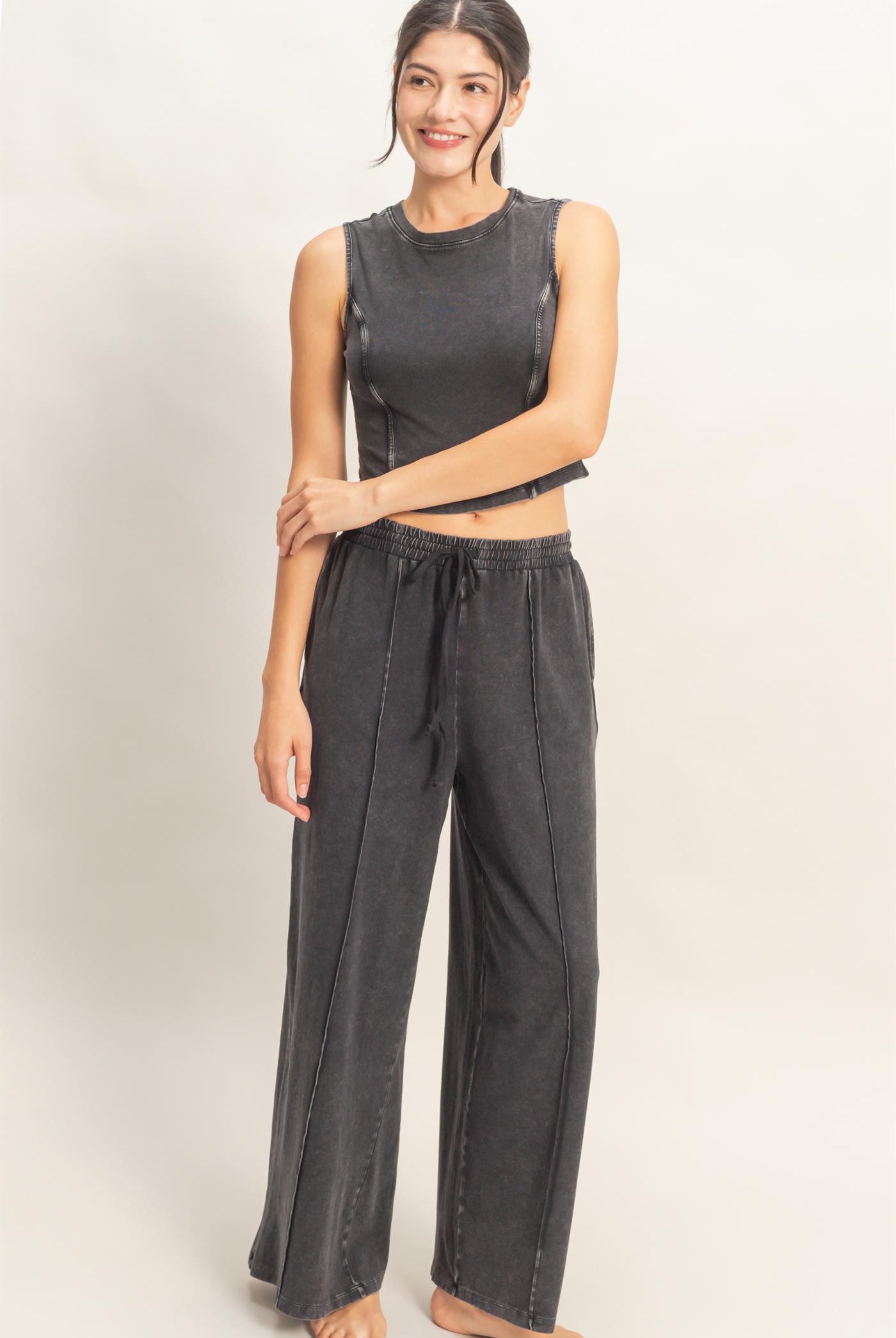 Wholesale Mineral Washed Sleeveless Top & Wide Leg Pants Set Clothing DZ26A371-SET BLACK DOUBLE ZERO
