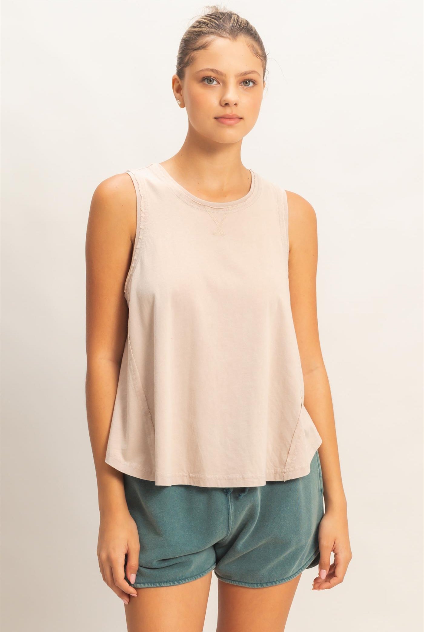 Wholesale Raw Edge Details Sleeveless Washed Top Clothing Tops DZ26E278 TAUPE DOUBLE ZERO