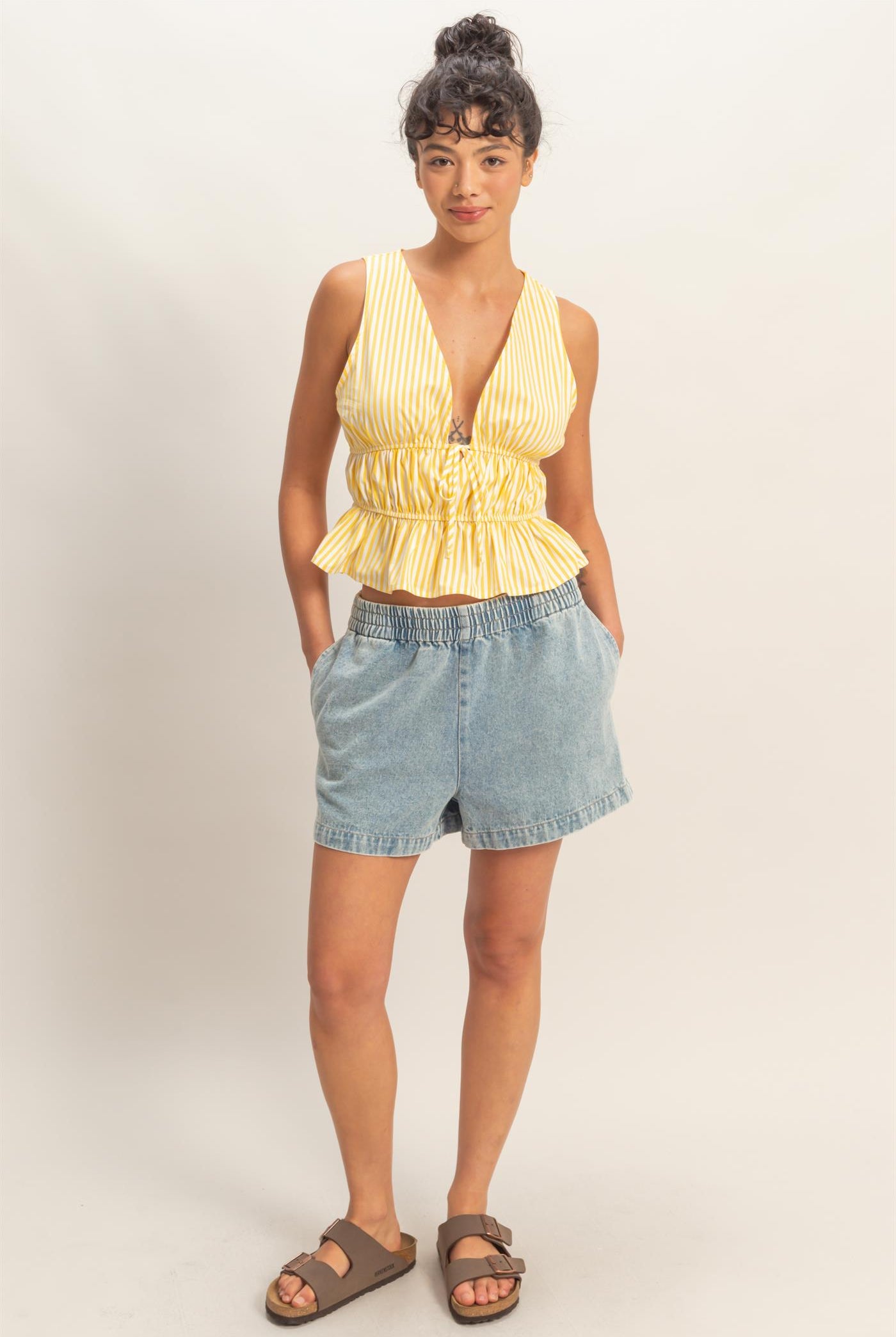Wholesale Striped Tie Front Peplum Sleeveless Top Clothing Tops DZ26C534 YELLOW DOUBLE ZERO