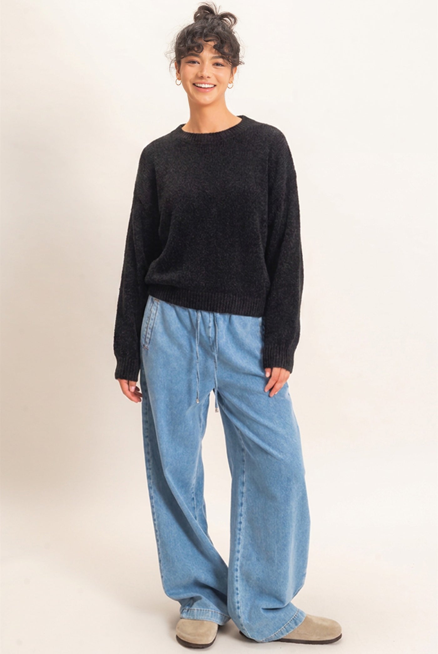 Wholesale Chenille Crew Neck Sweater Sweaters DZ26E264 BLACK DOUBLE ZERO