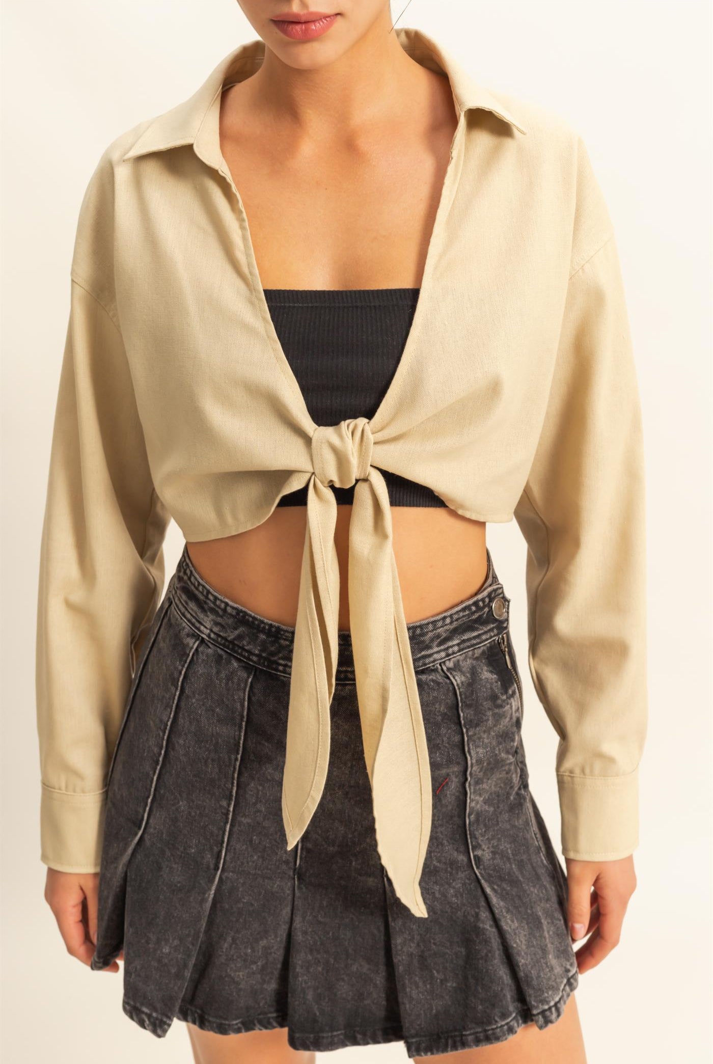 Wholesale Sand Washed Tie Front Crop Top Blouses DZ24C963 LIGHT TAUPE DOUBLE ZERO