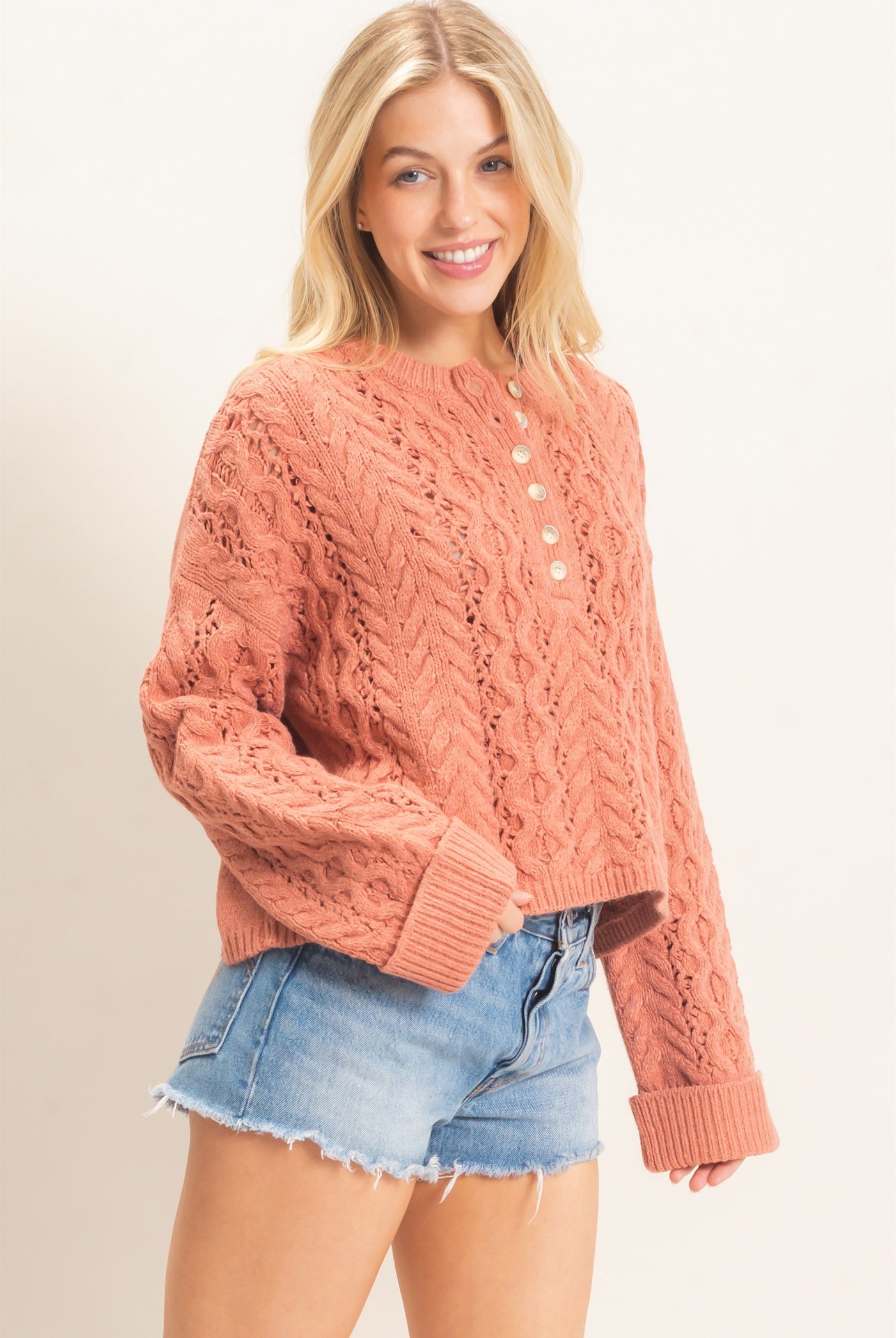 Wholesale Cable Knit Henley Sweaters HF26E552 ROSE PINK HYFVE
