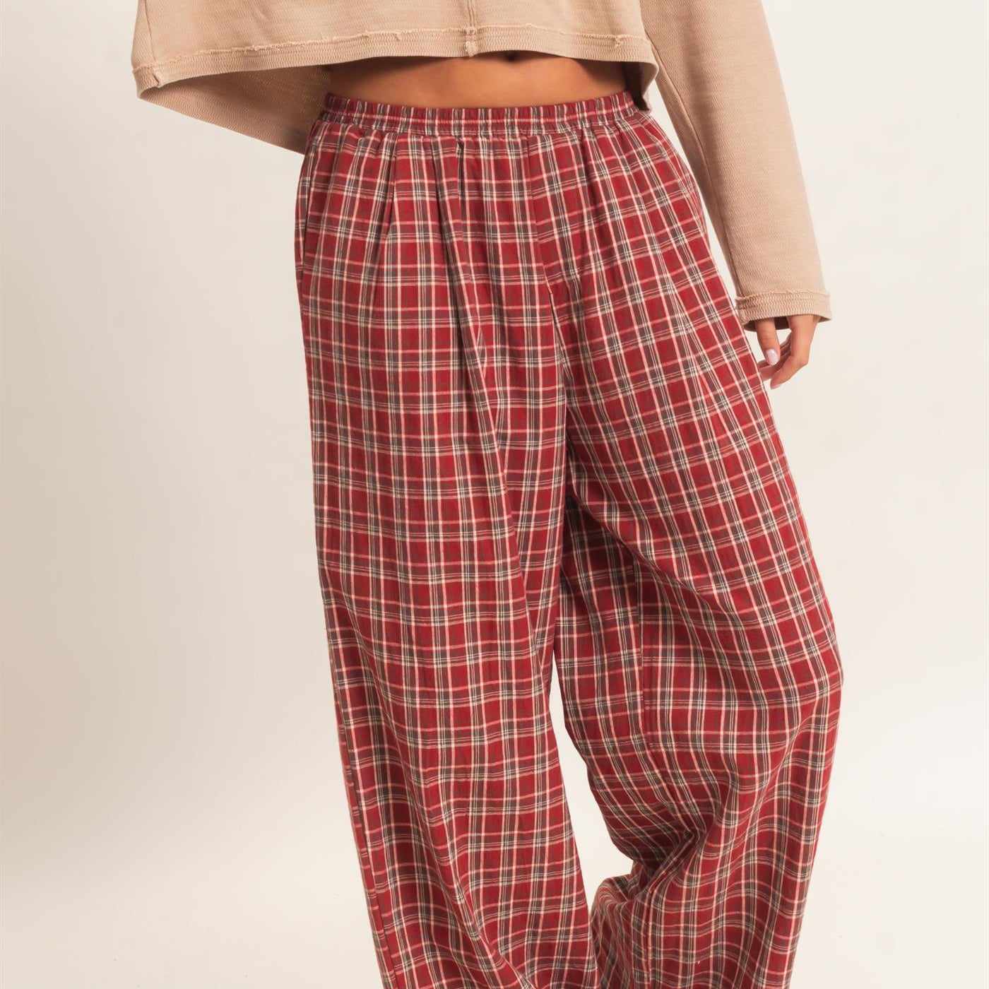 Wholesale Elastic Waist Plaid Pants Pants DZ26E375 DARK RED DOUBLE ZERO