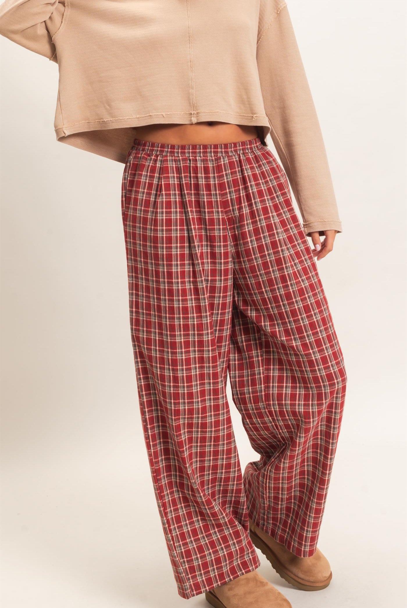 Wholesale Elastic Waist Plaid Pants Pants DZ26E375 DARK RED DOUBLE ZERO