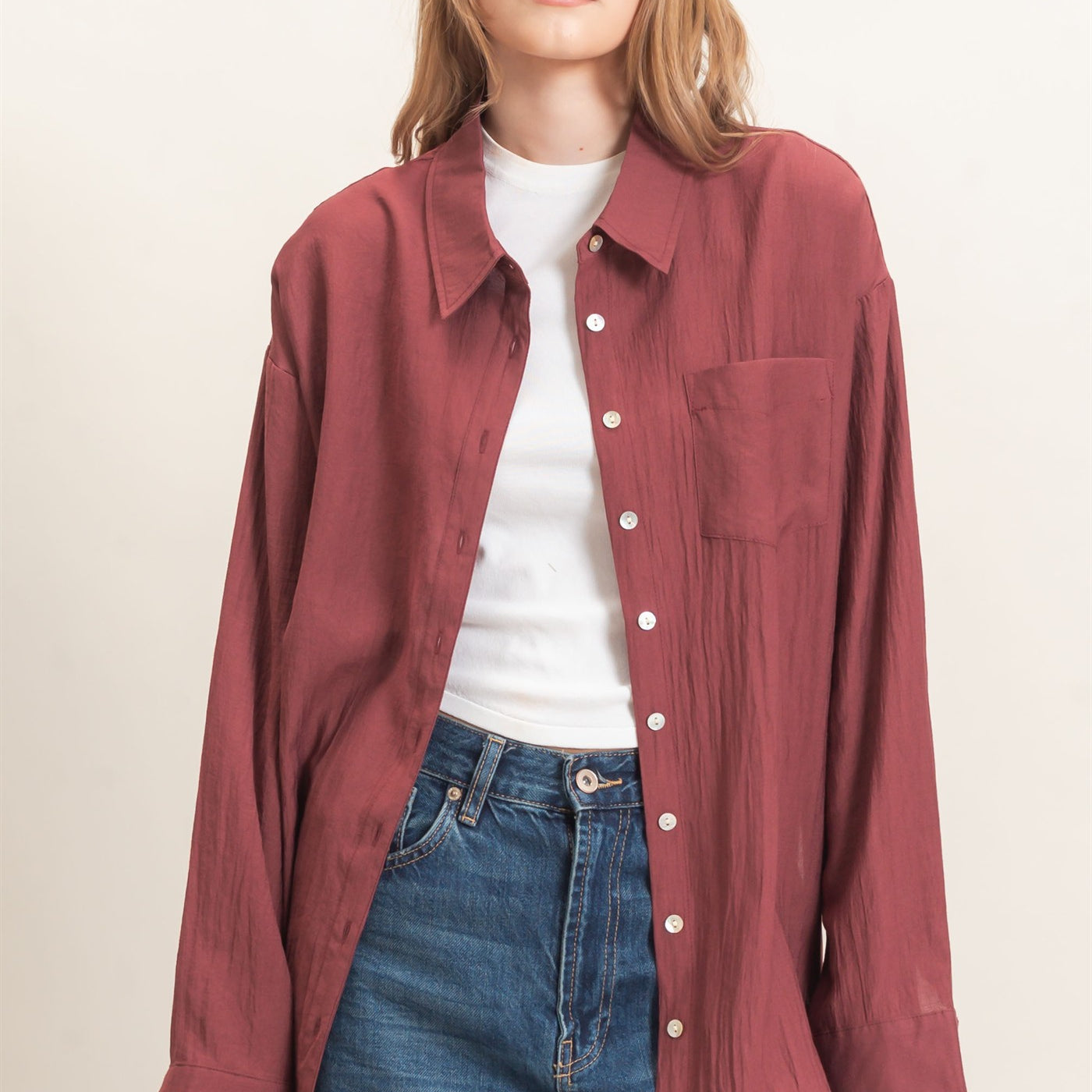 Wholesale Crinkled Button-Up Shirt Clothing Tops HF26E691 MAROON HYFVE