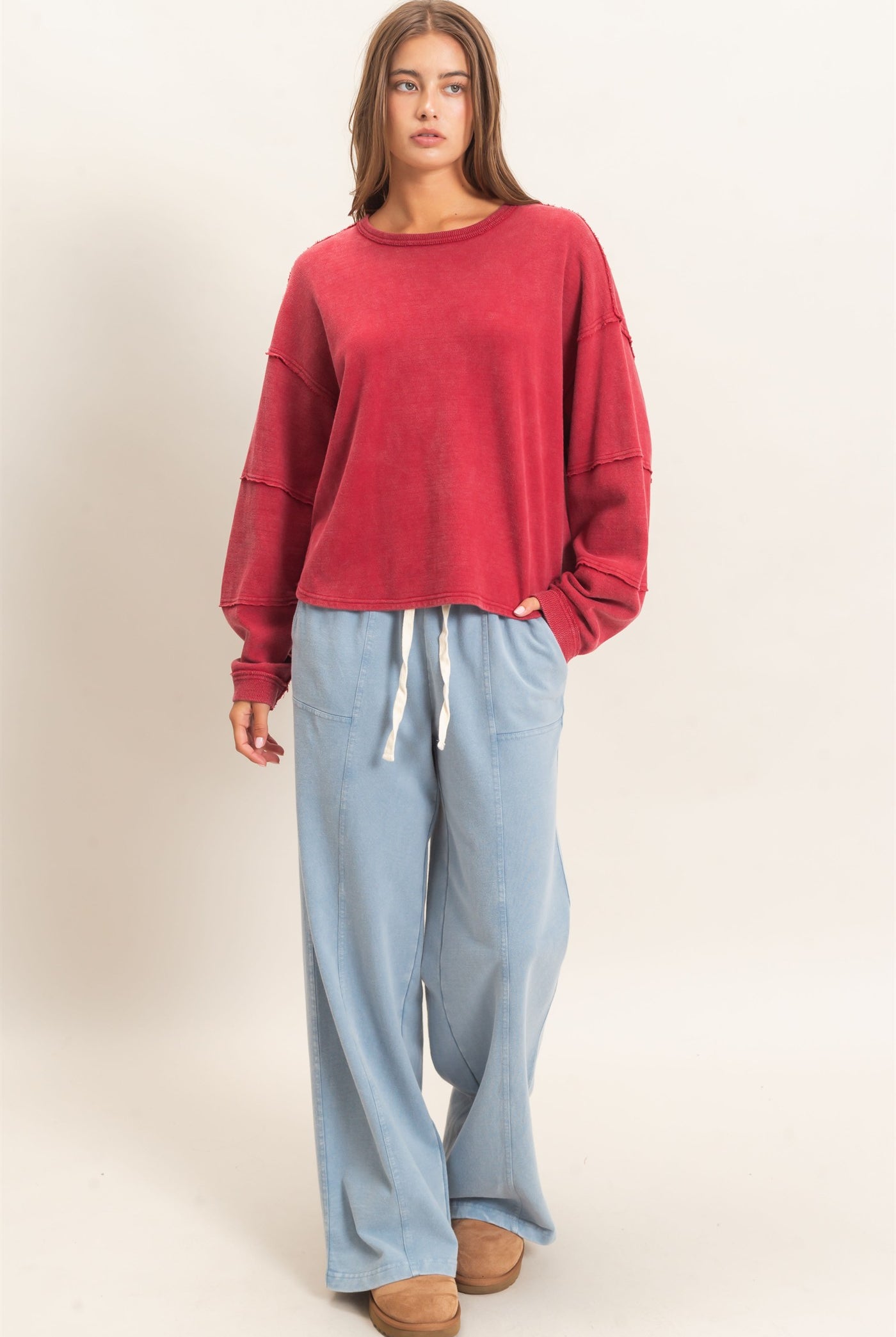 Wholesale Mineral Wash Overzised Raw Edge Crew Neck Top Clothing Tops DZ26E449 DARK RED DOUBLE ZERO