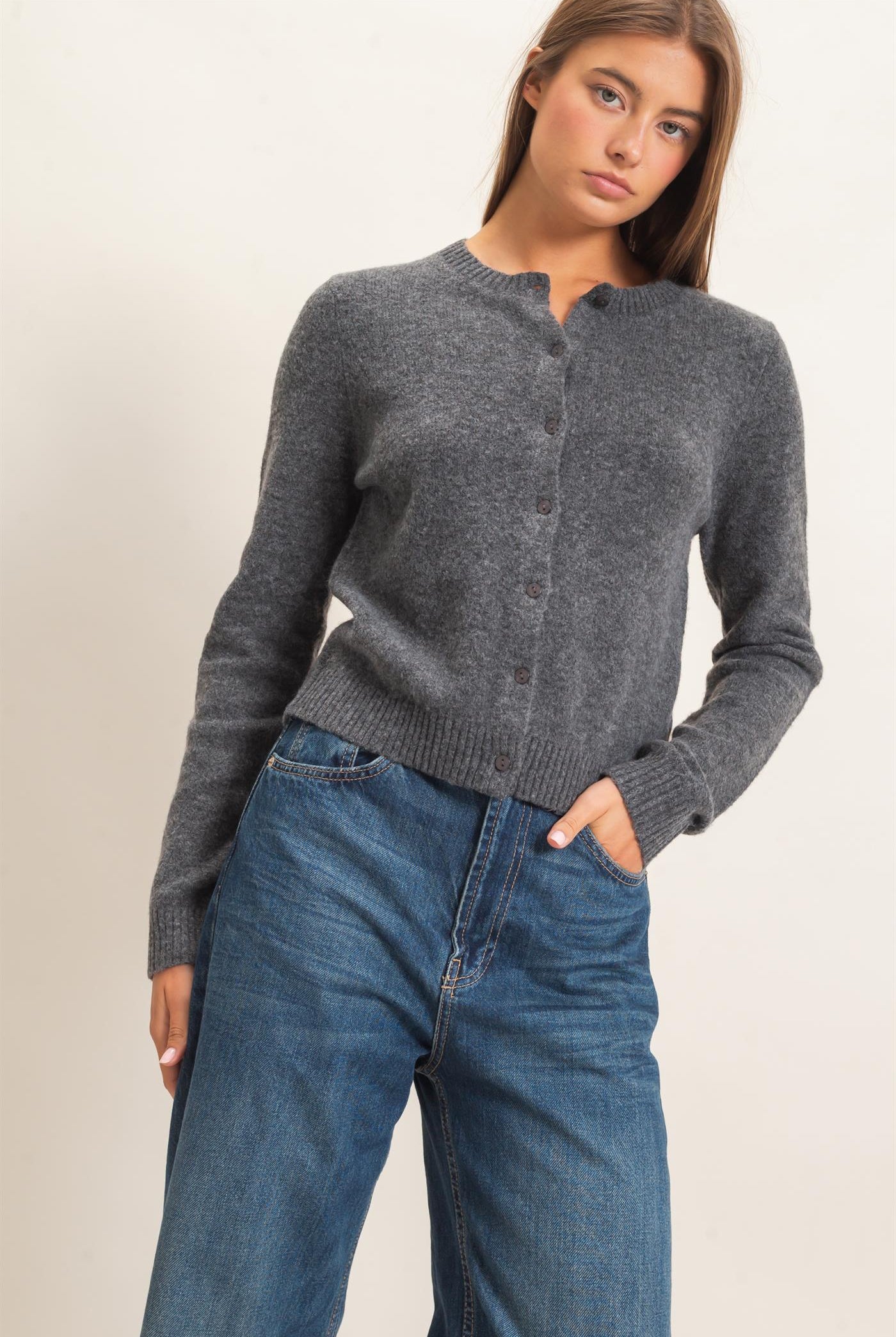Wholesale Crew Neck Cardigan Cardigans DZ26E119 CHARCOAL DOUBLE ZERO