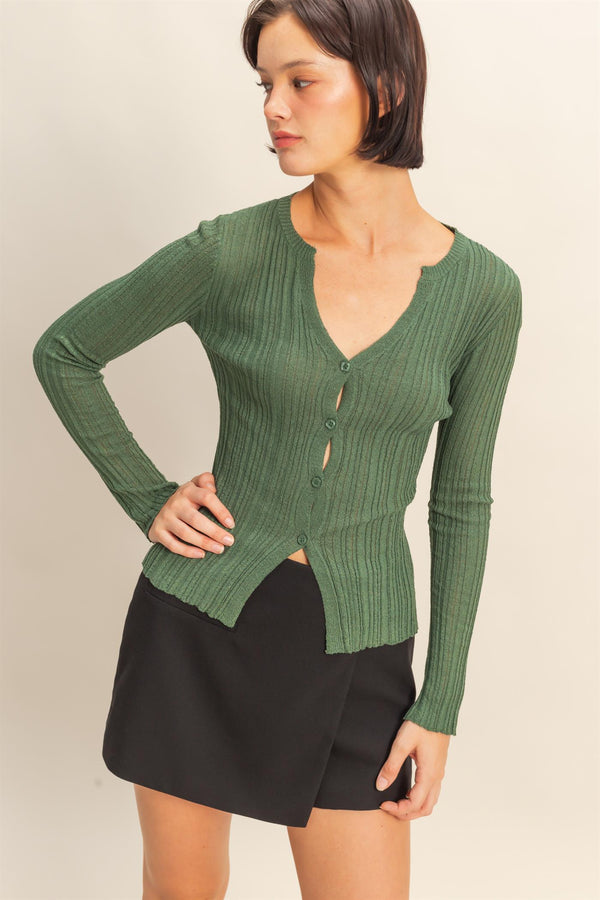 V-Neck Long Sleeve Ribbed Cardigan