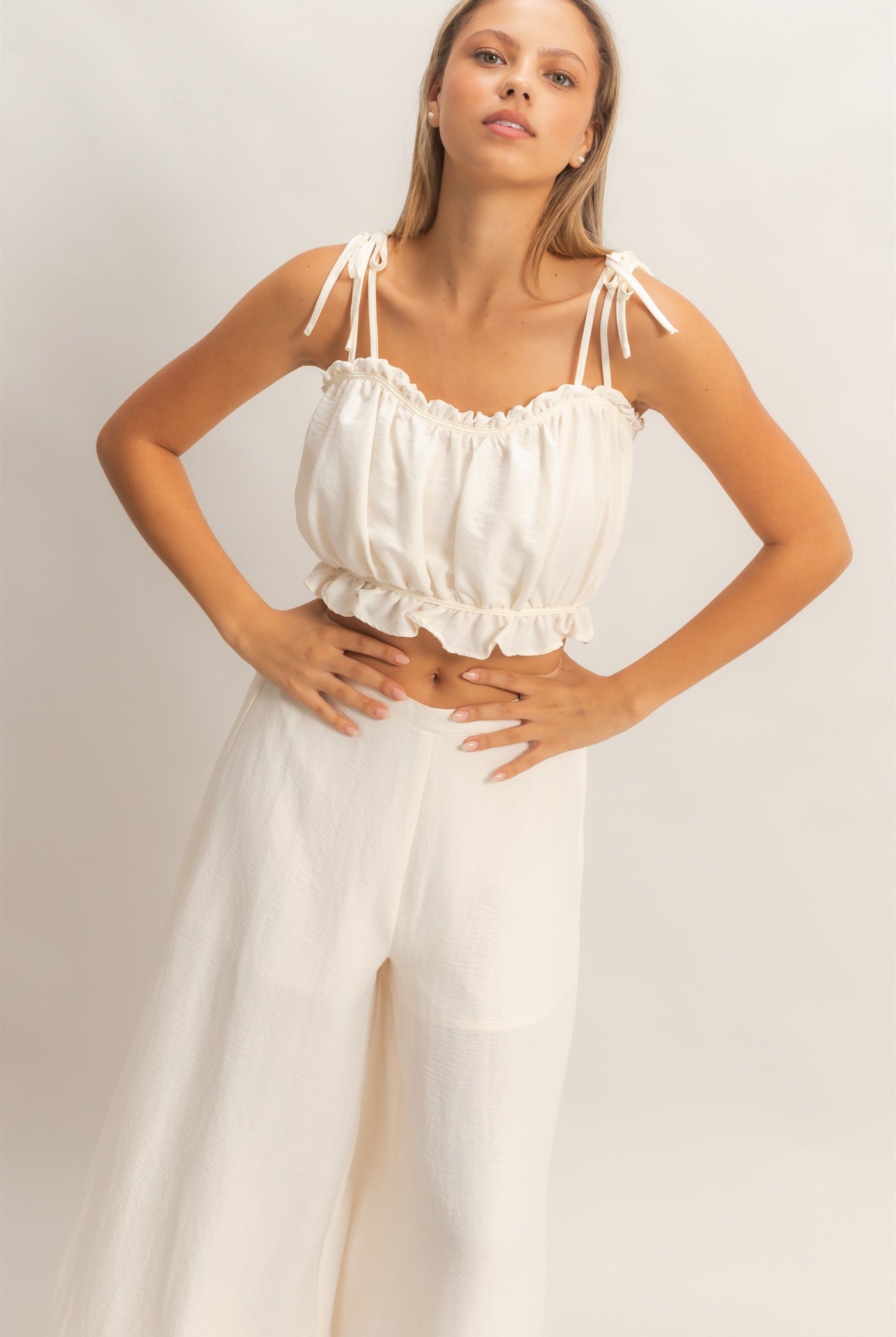 Wholesale Ruffle Smocked Bust Top & Wide Pants Clothing HF26A502-SET-D OFF WHITE HYFVE
