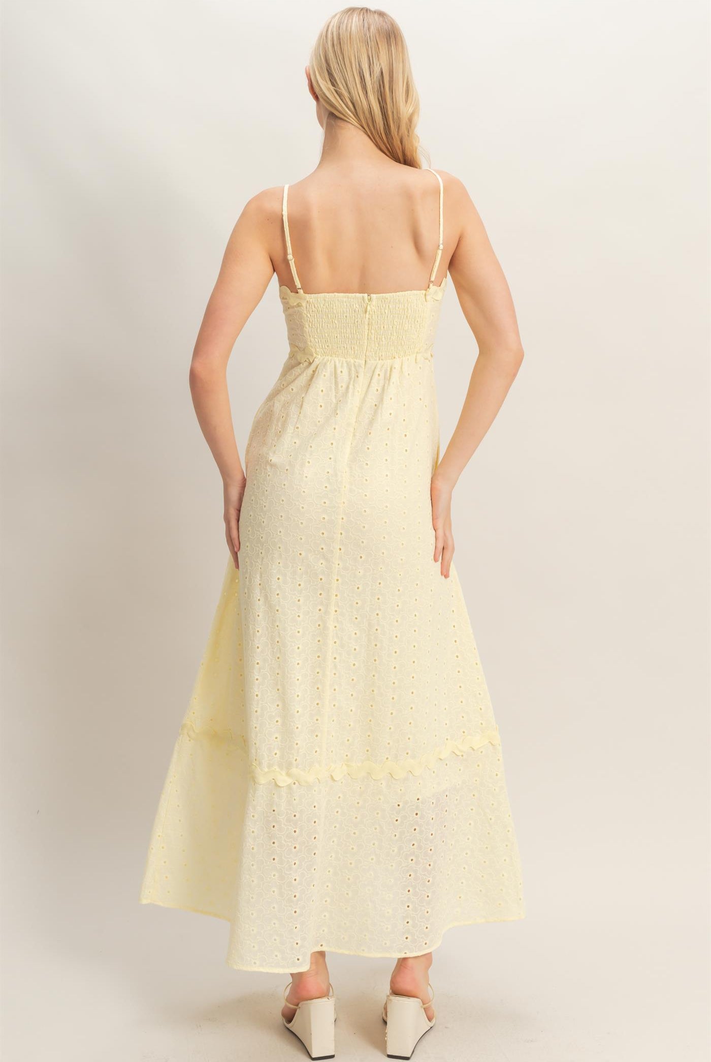 Wholesale Scallop Trim Eyelet Midi Dress Dresses HF26A694 BUTTER YELLOW HYFVE