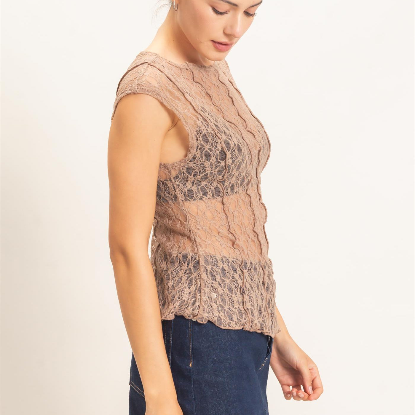 Wholesale Lace Cap Sleeve Top Clothing Tops HF26E672 LIGHT BROWN HYFVE