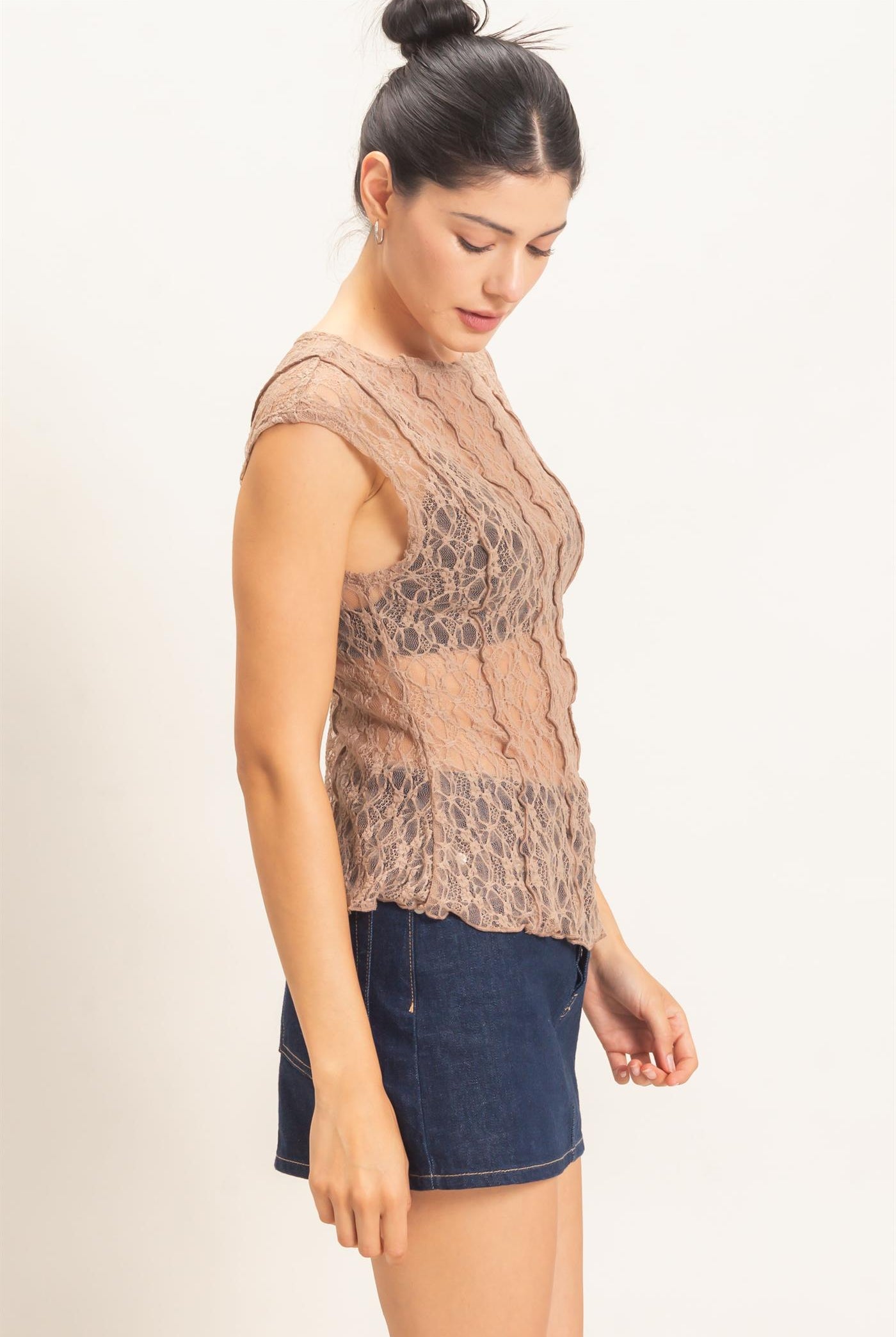 Wholesale Lace Cap Sleeve Top Clothing Tops HF26E672 LIGHT BROWN HYFVE