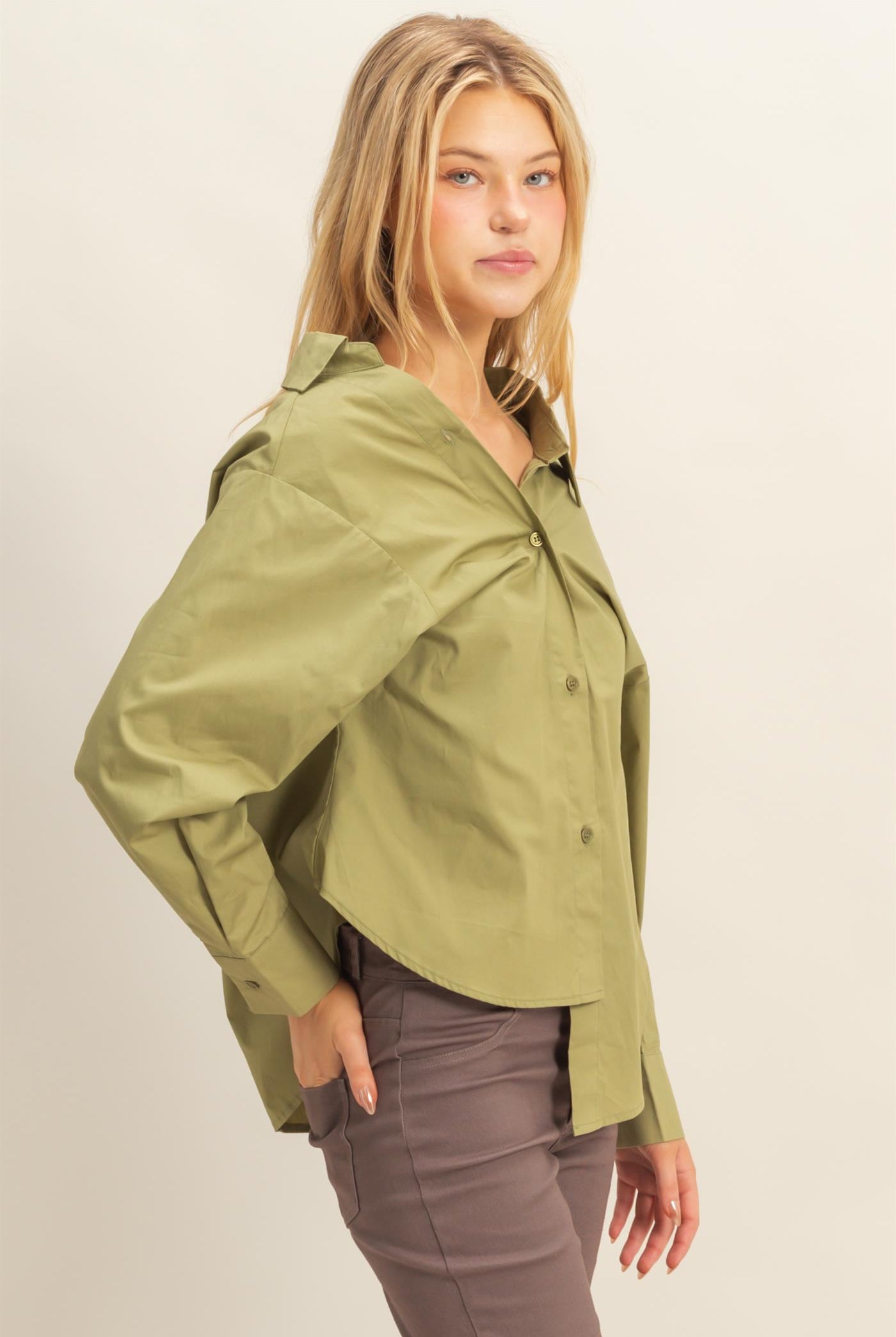 Wholesale Off-The-Shoulder Asymmetrcal Button-Up Shirt Clothing Tops HF22G139 OLIVE HYFVE