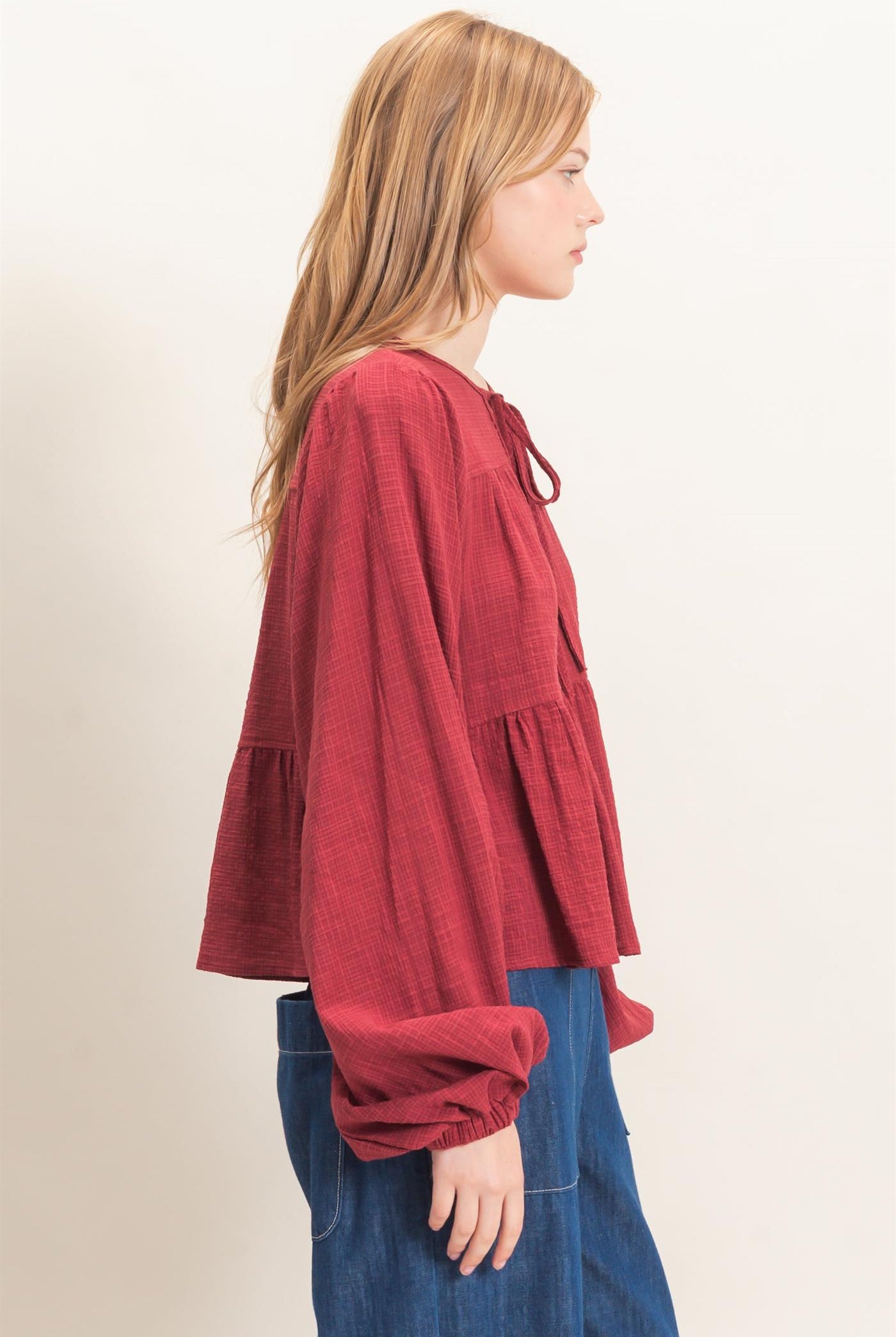 Wholesale Tie Front Peplum Blouse Blouses HF26F065 BURGUNDY HYFVE