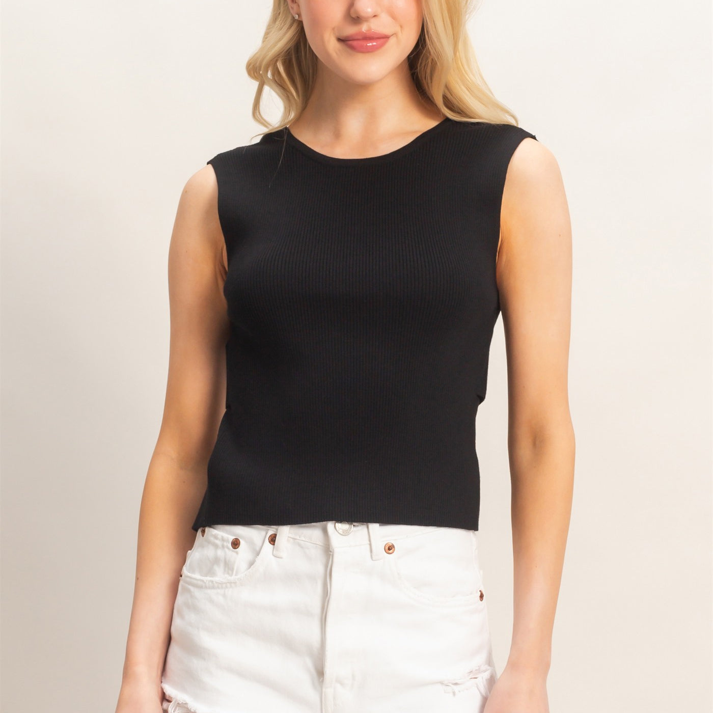 Wholesale Ribbed Crew Neck Sleeveless Open Back Top Clothing Tops DZ26C692 BLACK DOUBLE ZERO