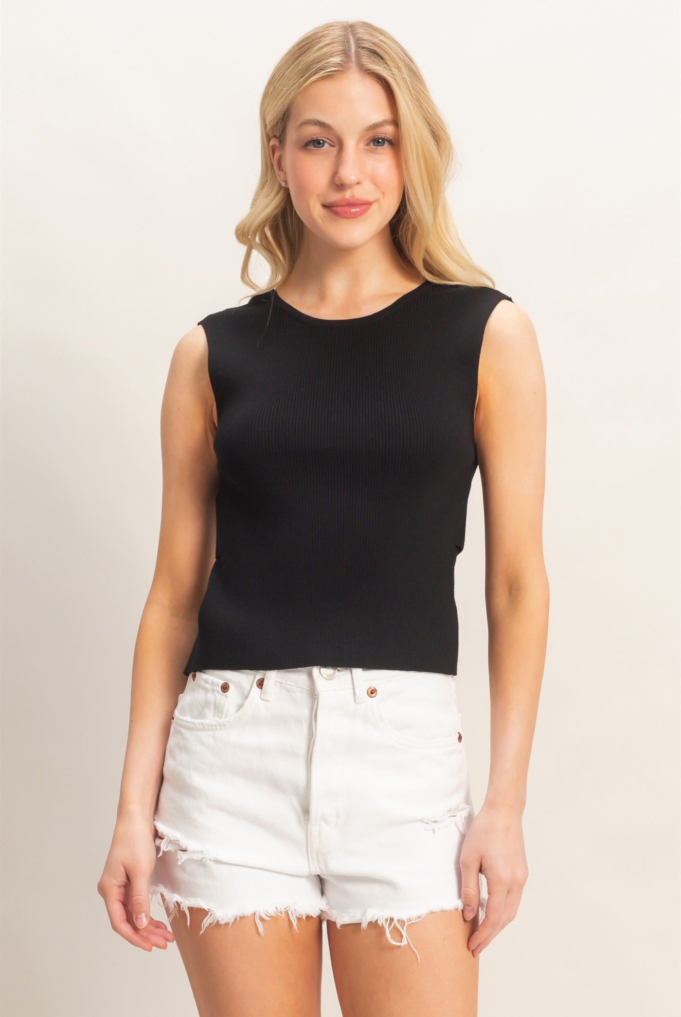 Wholesale Ribbed Crew Neck Sleeveless Open Back Top Clothing Tops DZ26C692 BLACK DOUBLE ZERO