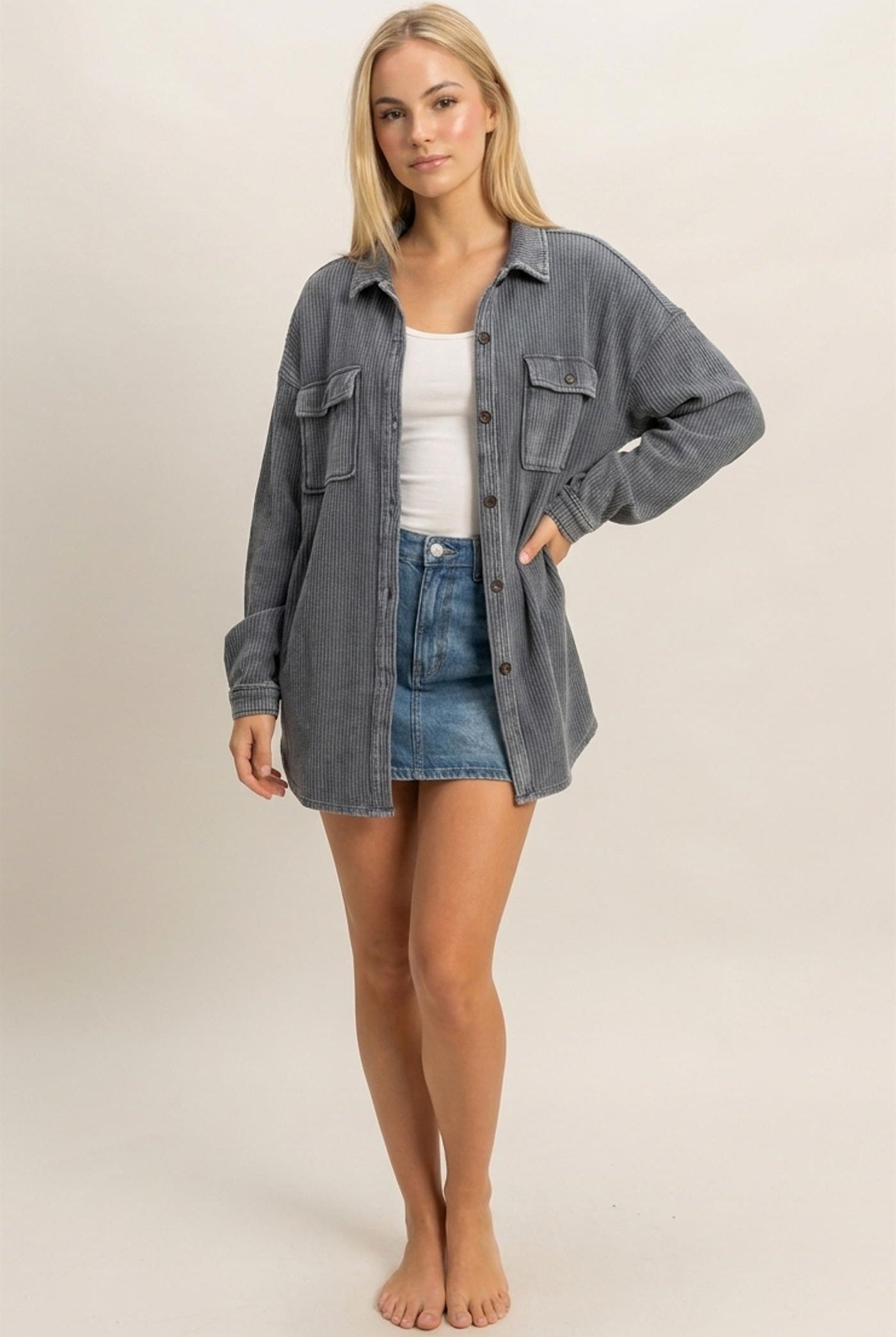 Wholesale Mineral Wash Waffle Knit Button-Up Shacket Coats & Jackets DZ26E249 DARK GRAY DOUBLE ZERO