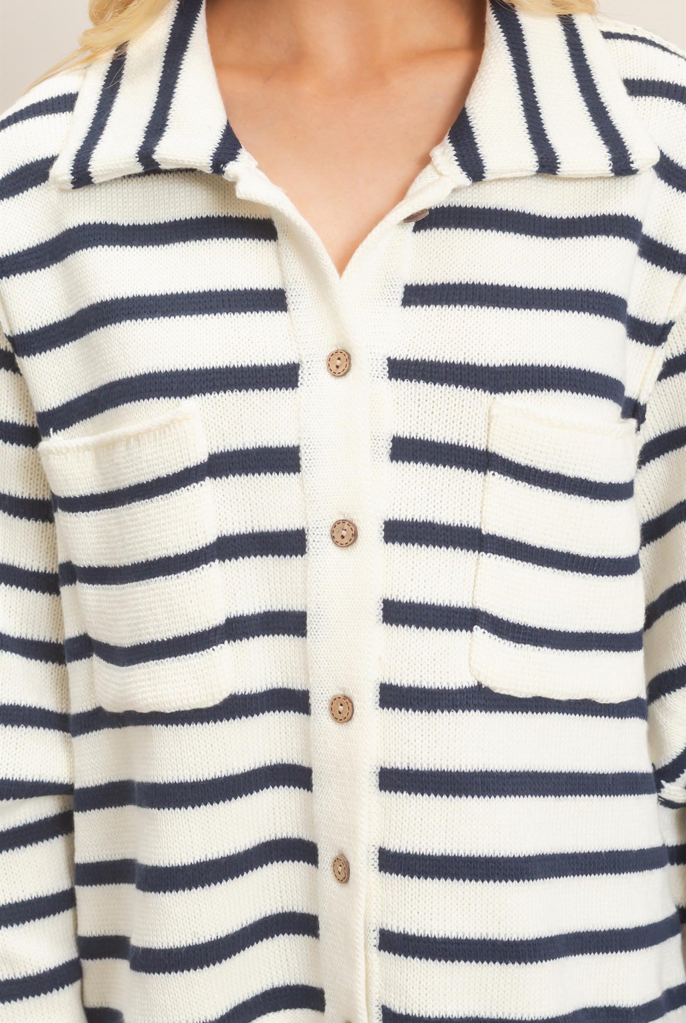 Wholesale Striped Button Front Cardigan Sweaters HF26F197 CREAM HYFVE