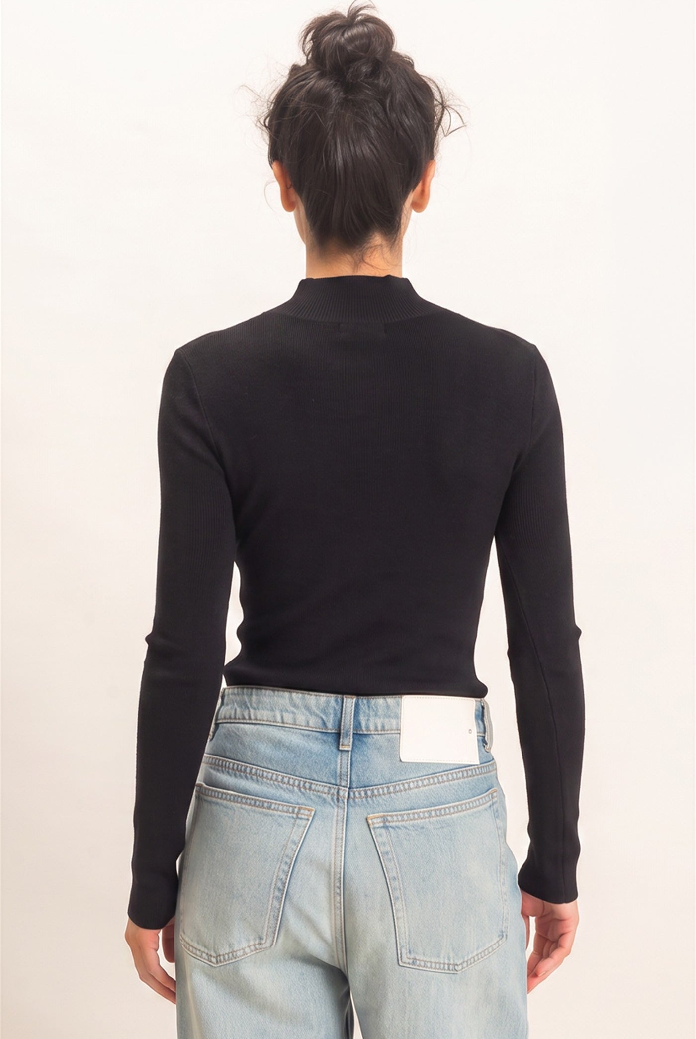 Wholesale Ribbed Mock Neck Long Sleeve Knit Top Clothing Tops DZ26F201 BLACK DOUBLE ZERO