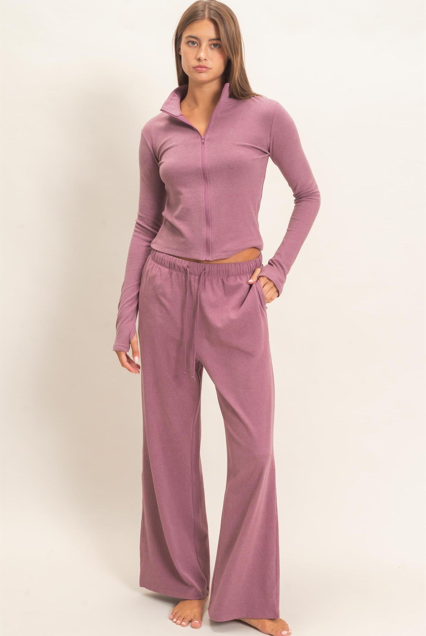 Wholesale Mock Neck Long Sleeve Zip Up Top Clothing Tops DZ26E911 PLUM DOUBLE ZERO