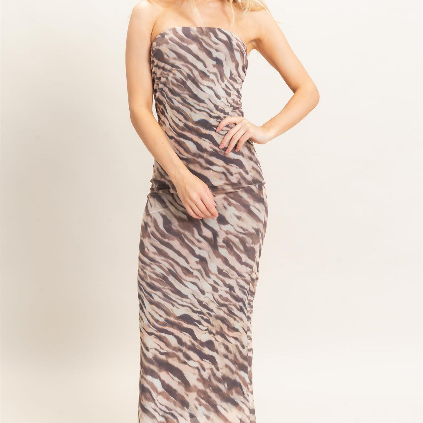 Wholesale Strapless Printed Mesh Maxi Dress Dresses HF26F212 TAUPE/ANIMAL HYFVE