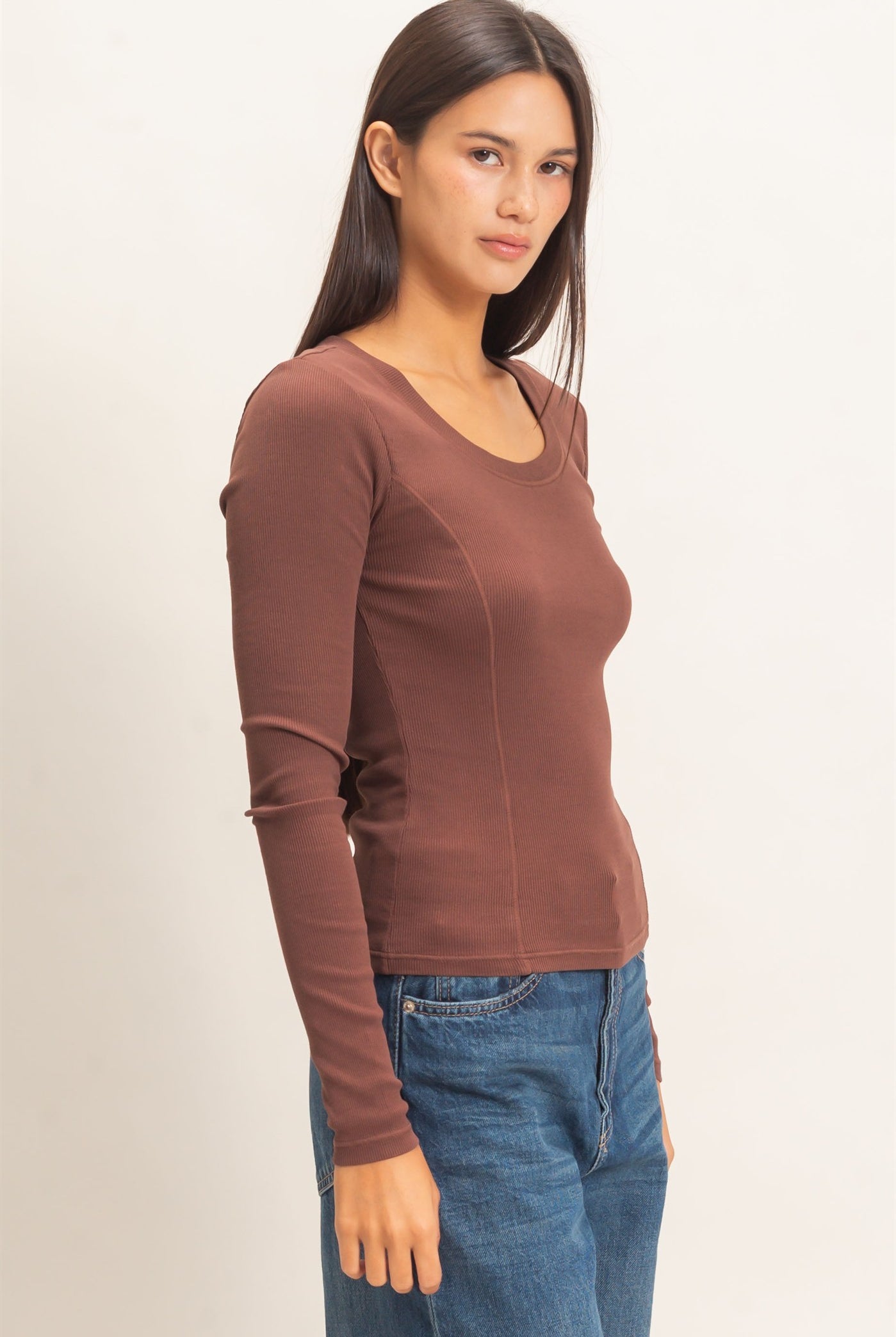 Wholesale Pigment Dye Seam Detail Scoop Neck Top Clothing Tops DZ26E242 DARK BROWN DOUBLE ZERO