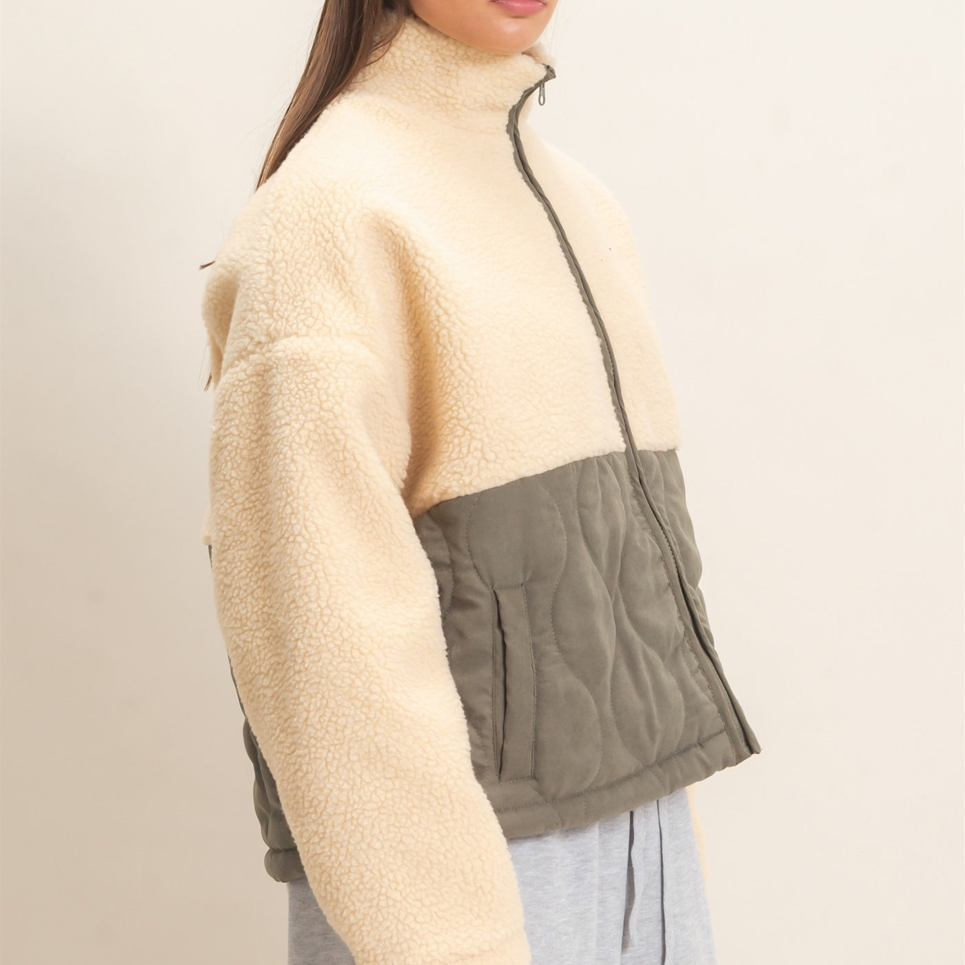 Wholesale Quilted Sherpa Zip Up Jacket Coats & Jackets DZ26F259 OLIVE DOUBLE ZERO