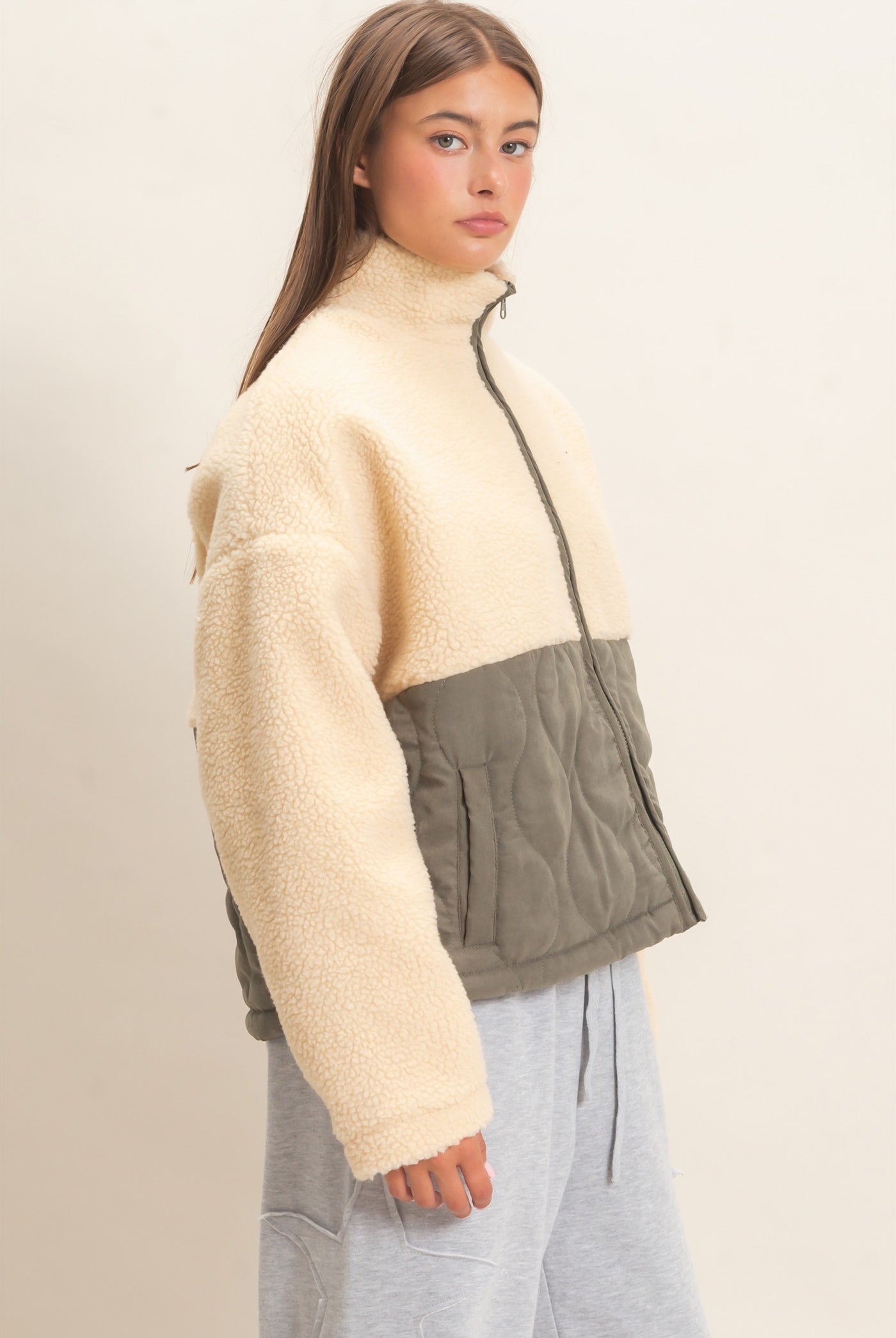 Wholesale Quilted Sherpa Zip Up Jacket Coats & Jackets DZ26F259 OLIVE DOUBLE ZERO