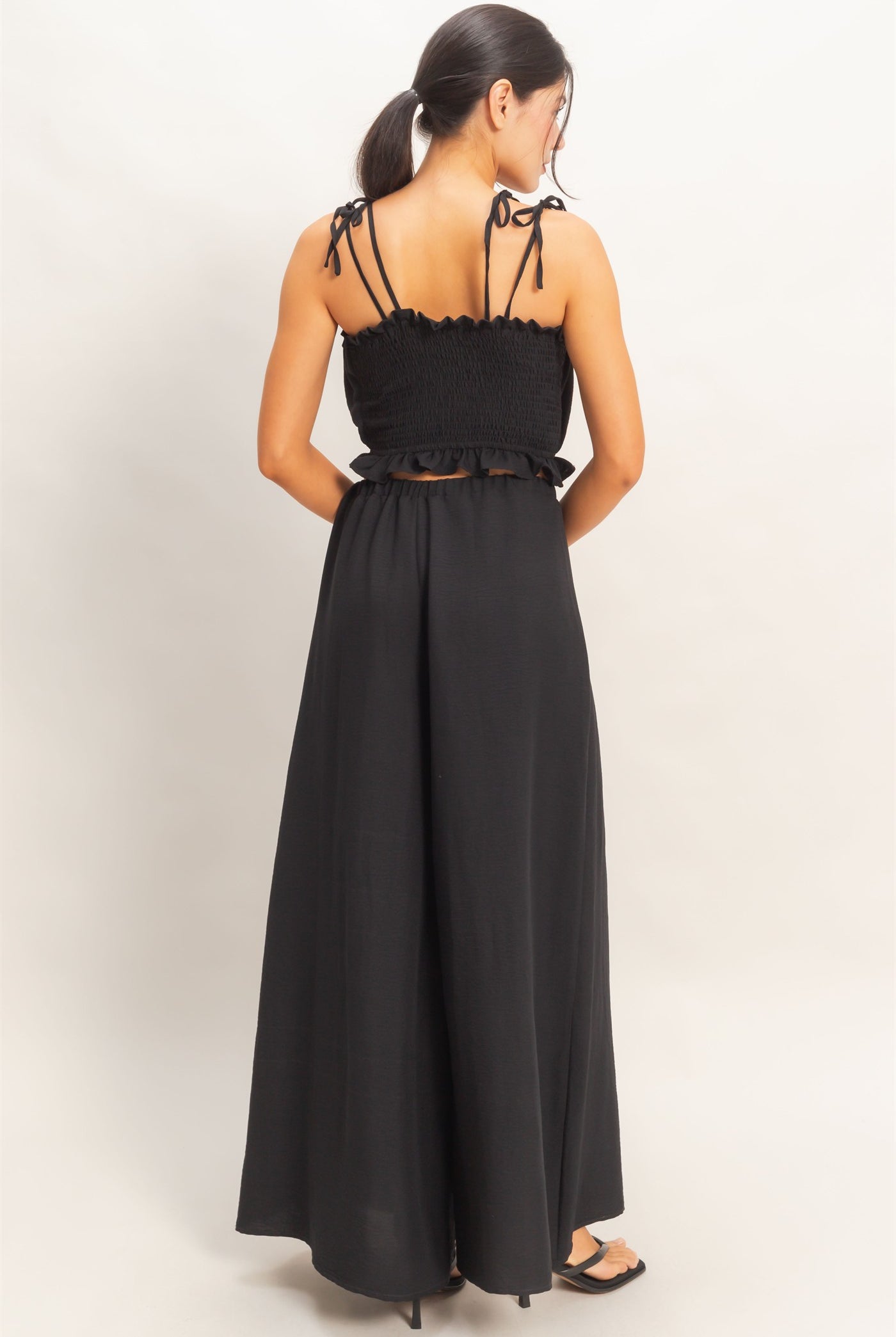 Wholesale Ruffle Smocked Bust Top & Wide Pants Clothing HF26A502-SET-D BLACK HYFVE