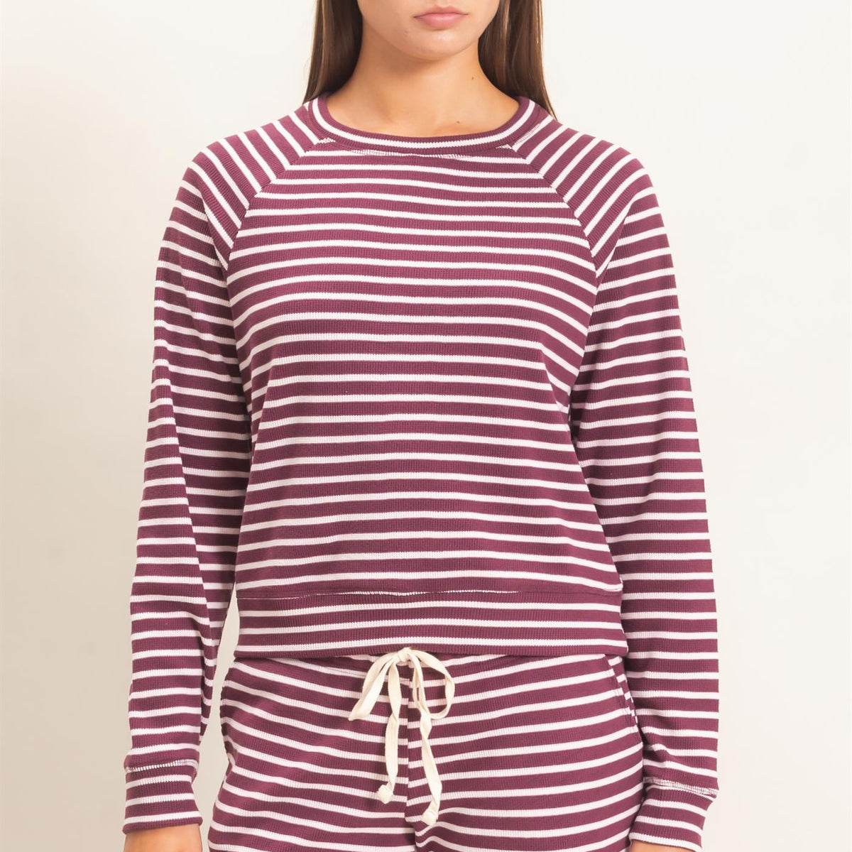 Wholesale Striped Waffle Knit Raglan Top Clothing Tops DZ26E450 DARK CHERRY DOUBLE ZERO