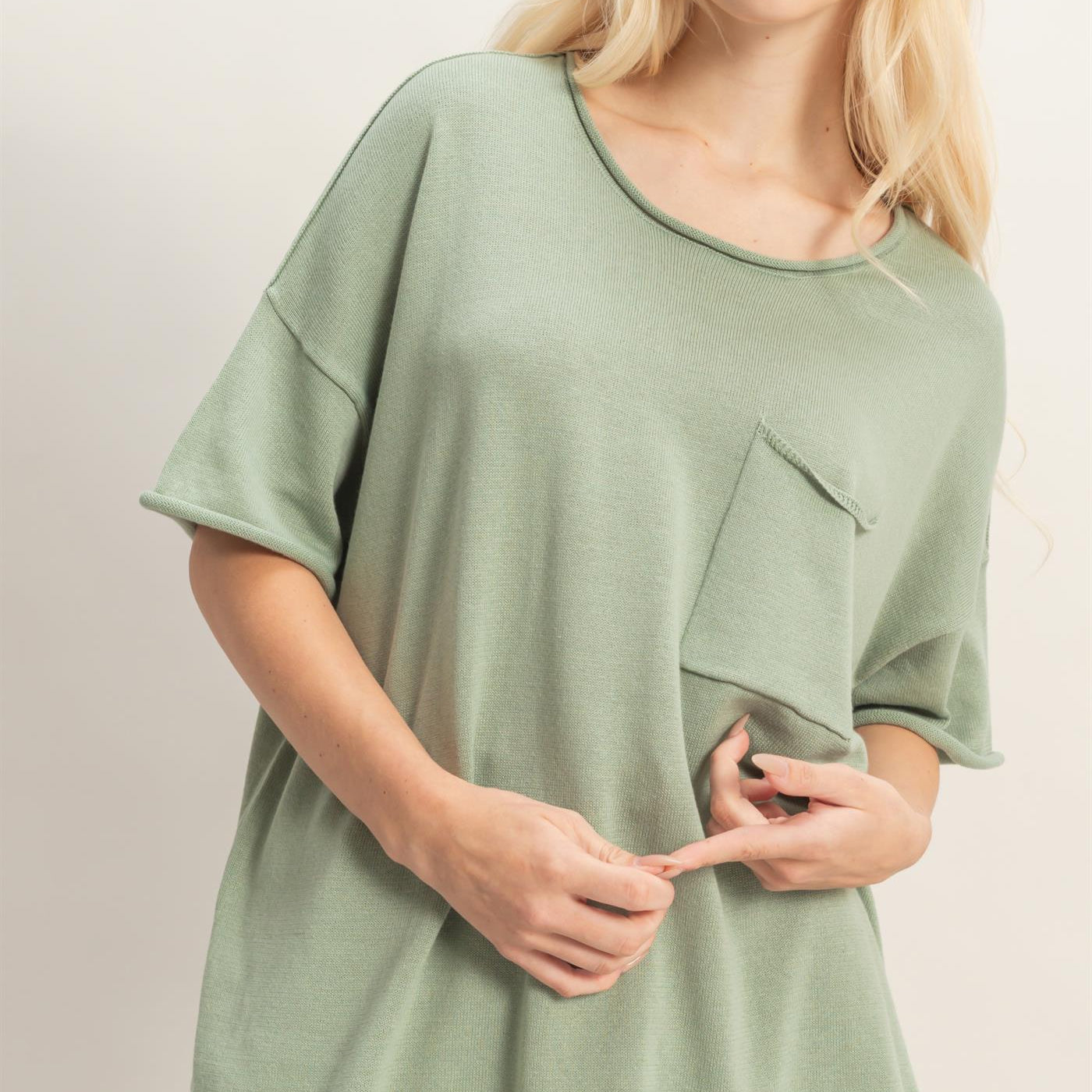 Wholesale Oversized Short Sleeve Round Neck Pocket Knit Top Clothing Tops DZ26A691 SAGE GREEN DOUBLE ZERO